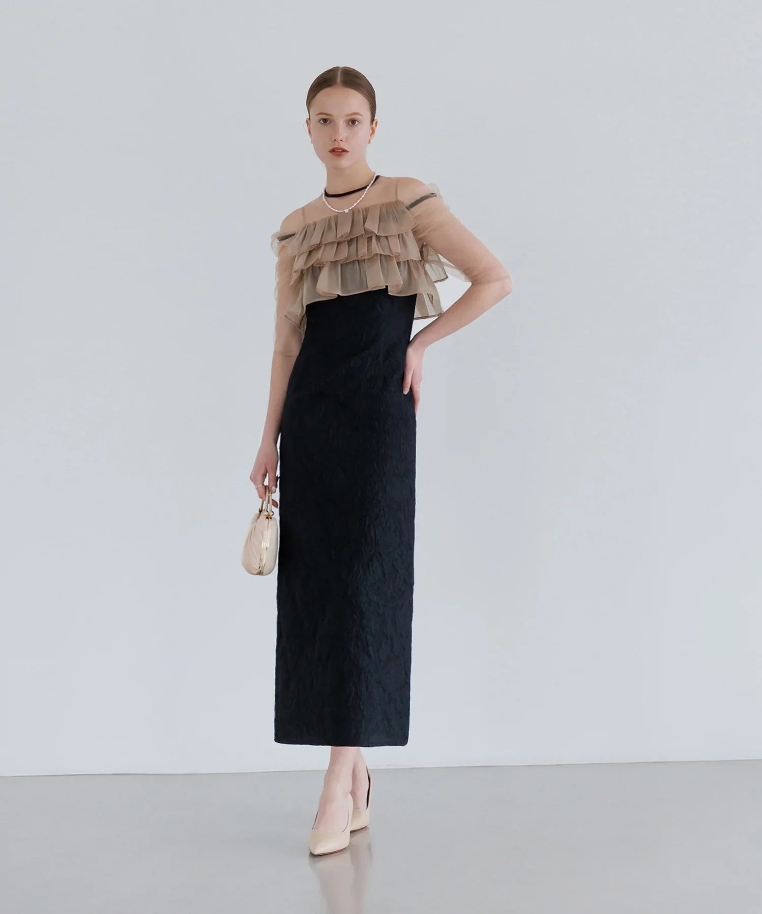 【当日発送】3WAYティアードフリルジャガードIラインワンピースドレス