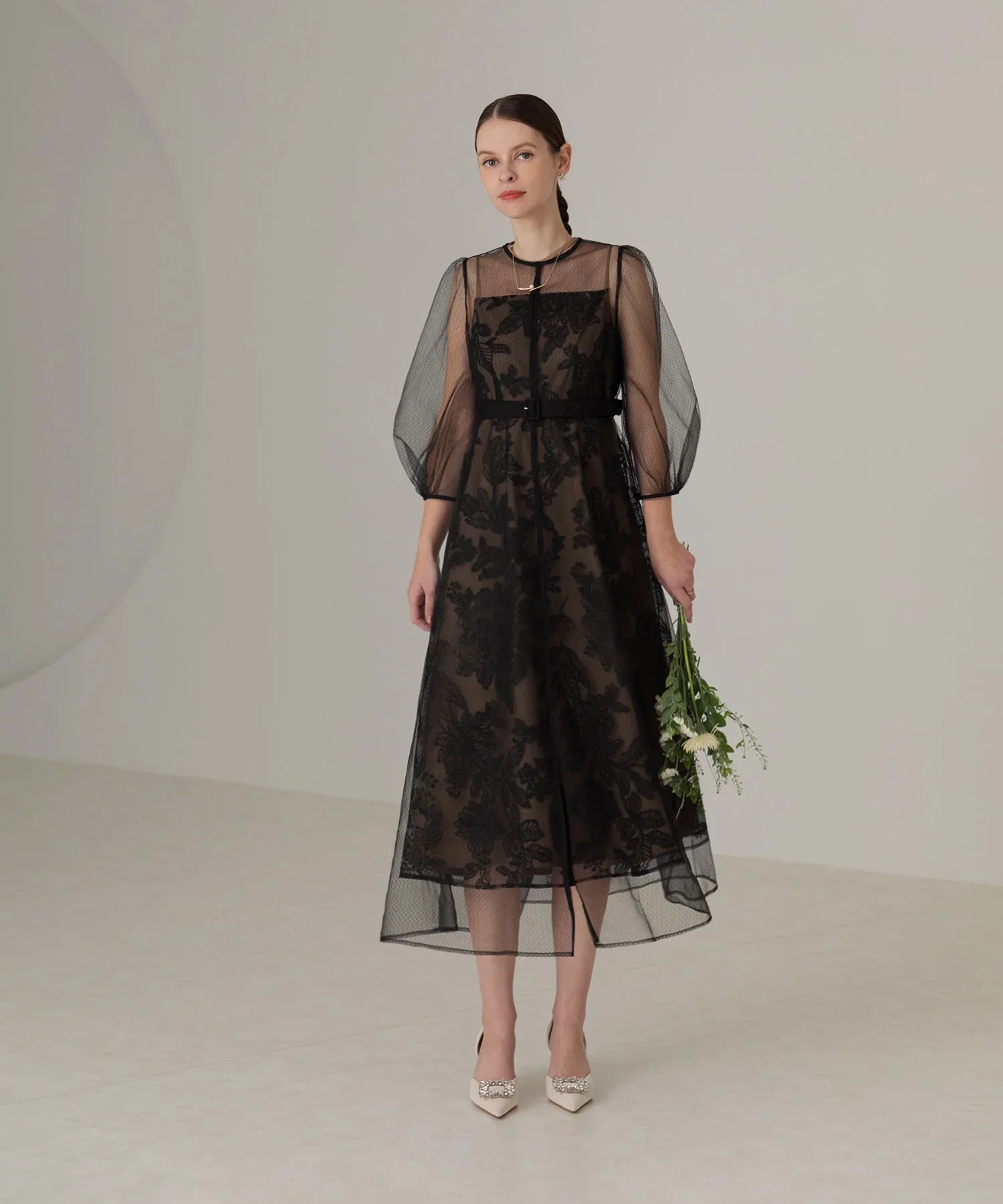 【当日発送】チュールパイピングリーフベルトAラインワンピースドレス