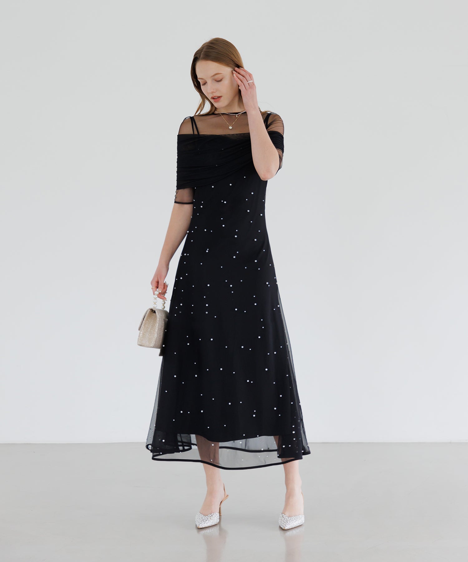 【一部当日発送】2WAYチュールトップスパールAラインワンピースドレス