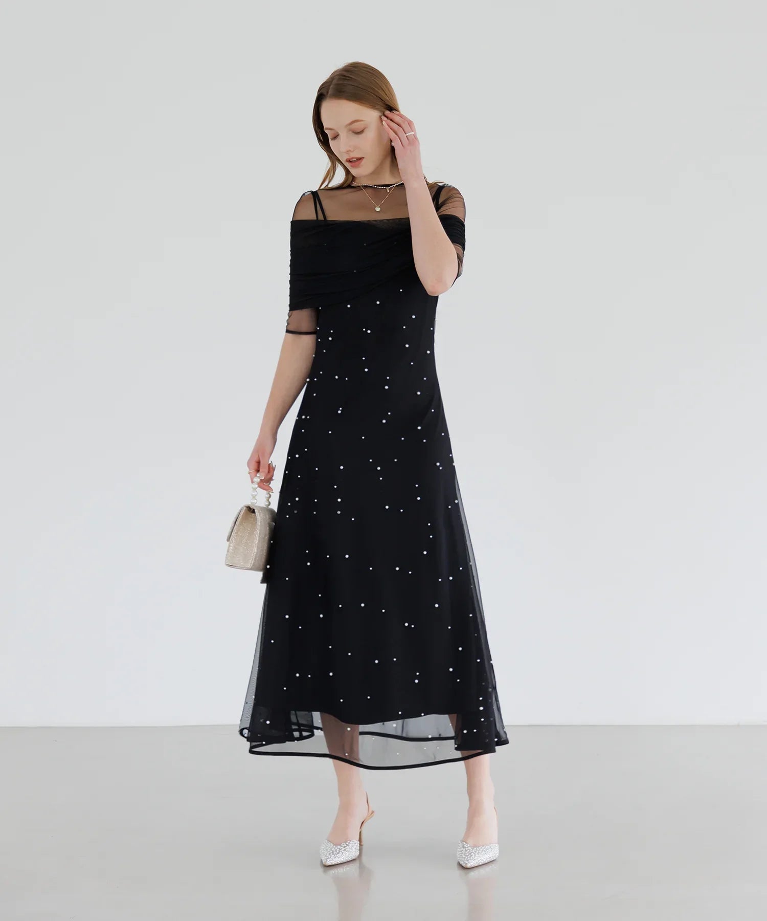 【一部当日発送】2WAYチュールトップスパールAラインワンピースドレス