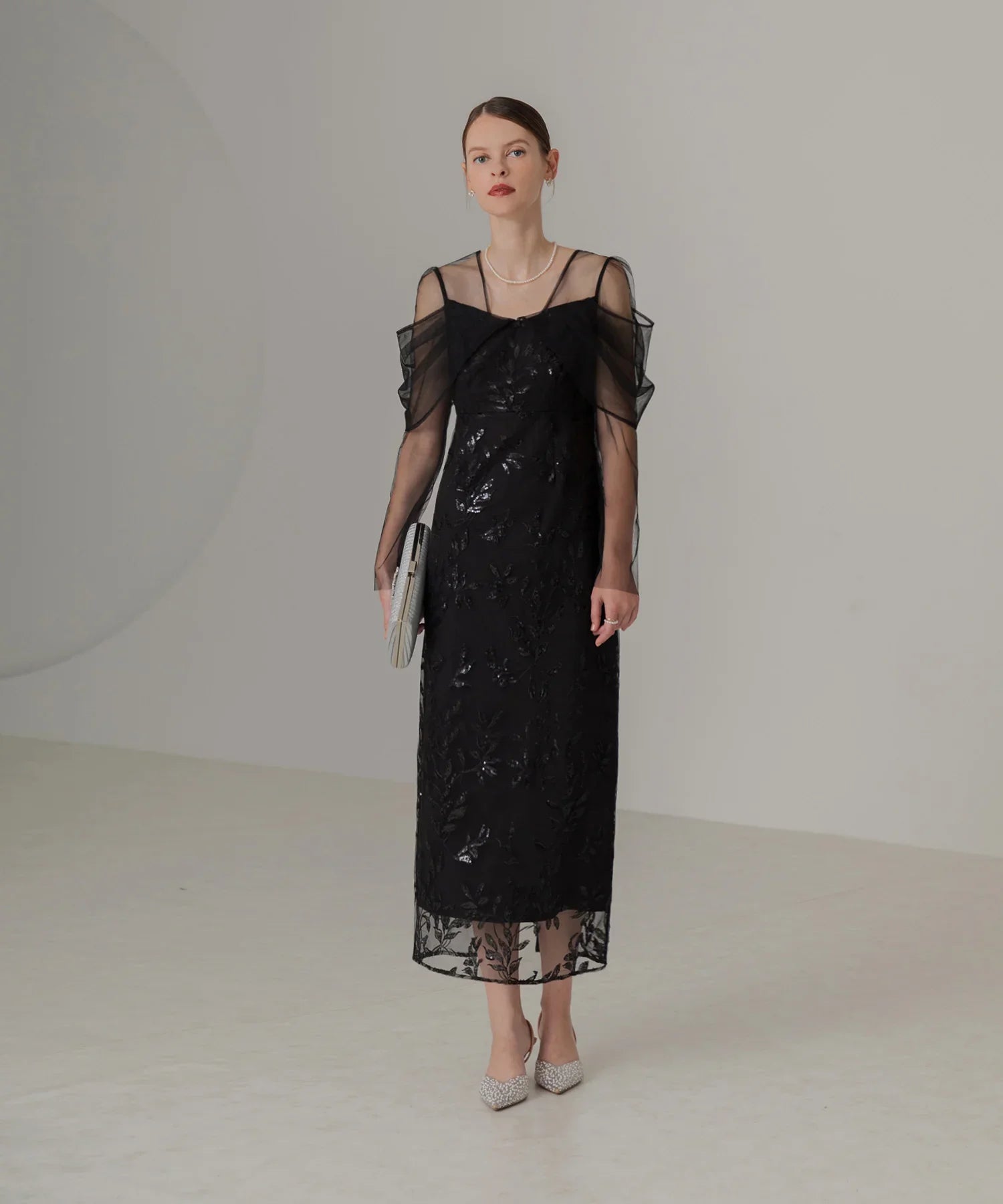 【一部当日発送】チュールロングスリーブリーフIラインワンピースドレス