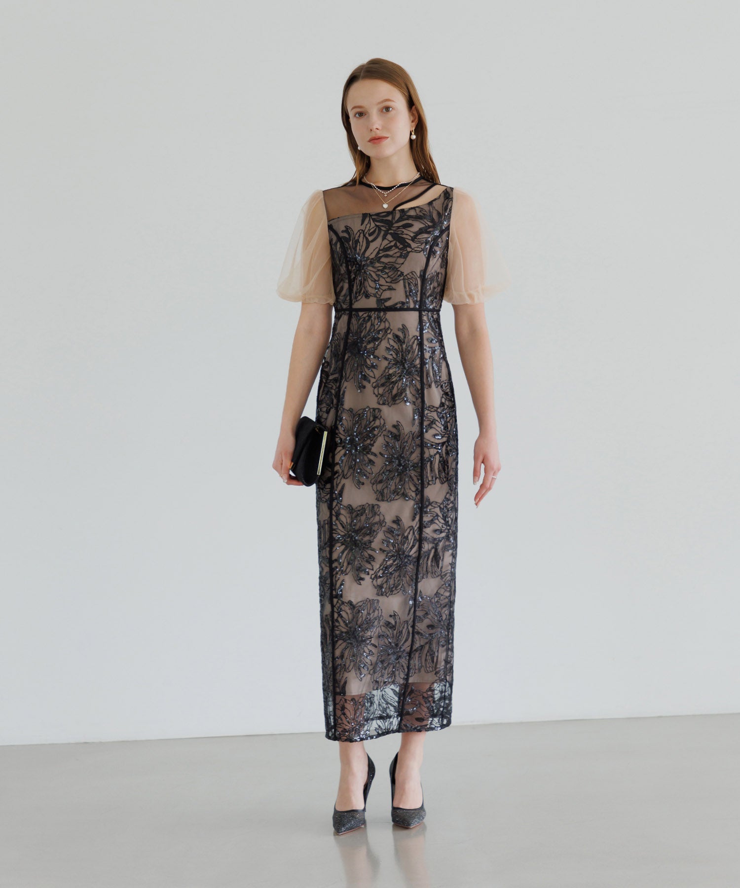 【当日発送】アシンメトリーシアーフラワーワンピースドレス