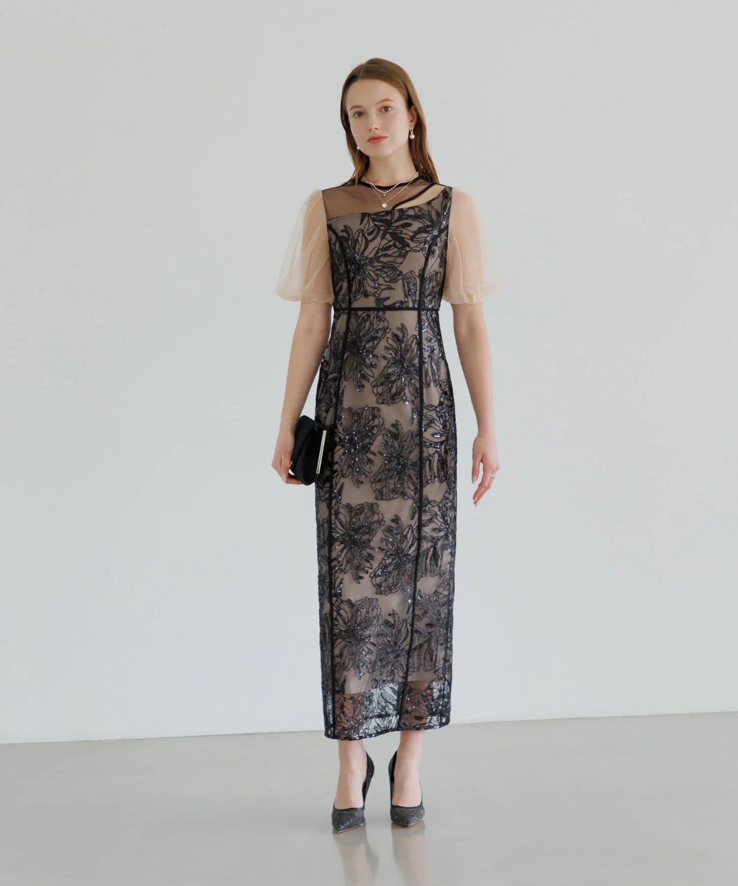 【当日発送】アシンメトリーシアーフラワーワンピースドレス