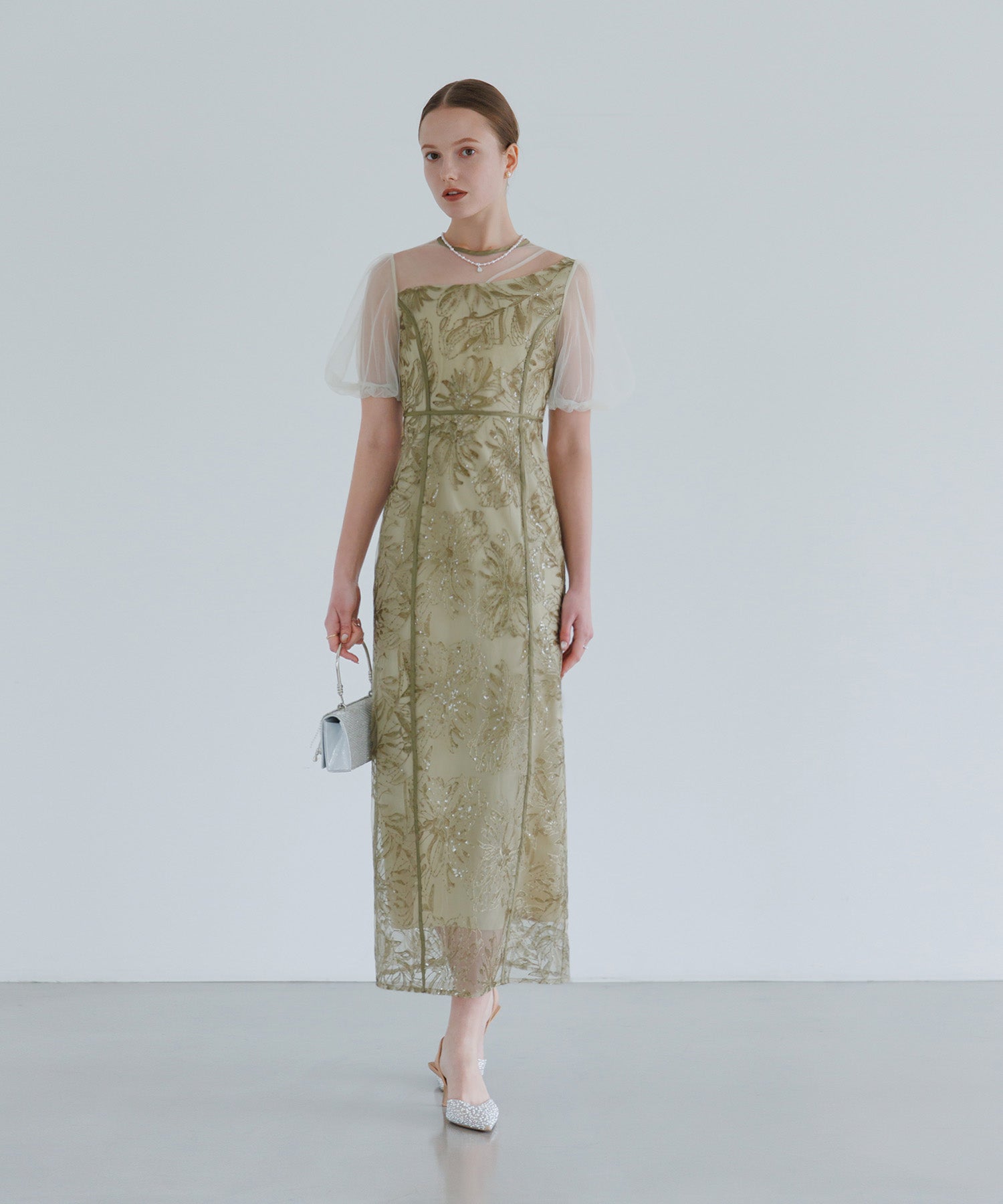 【当日発送】アシンメトリーシアーフラワーワンピースドレス