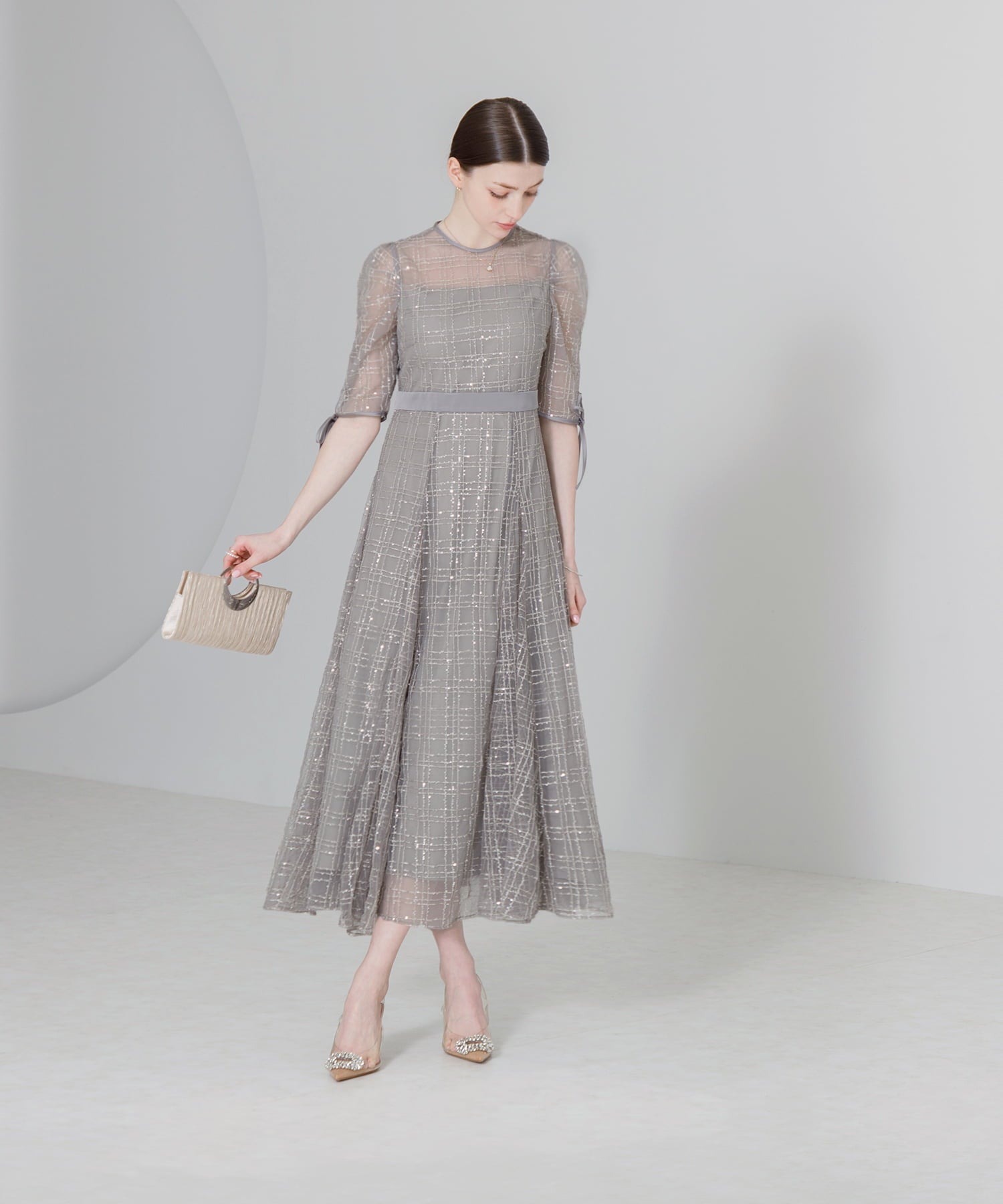 【当日発送】チェックスパンコールリボンワンピースドレス