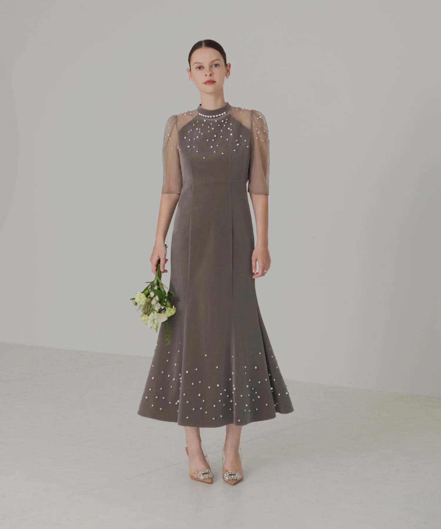 【当日発送】シアースリーブパールビジューベロアマーメイドワンピースドレス