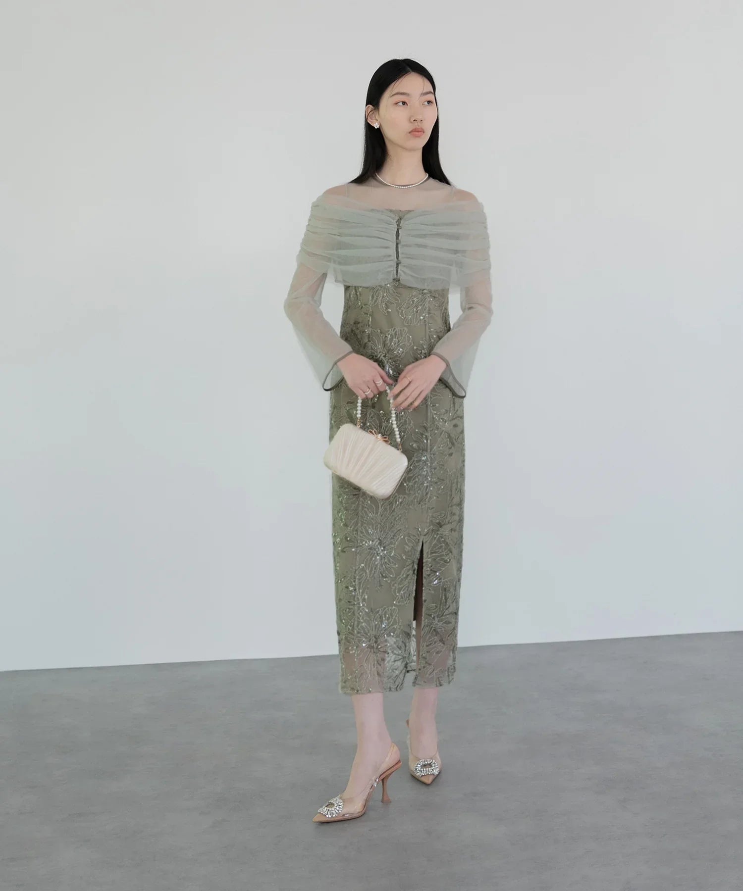 【当日発送】チュールオフショルダー花柄Iラインワンピースドレス