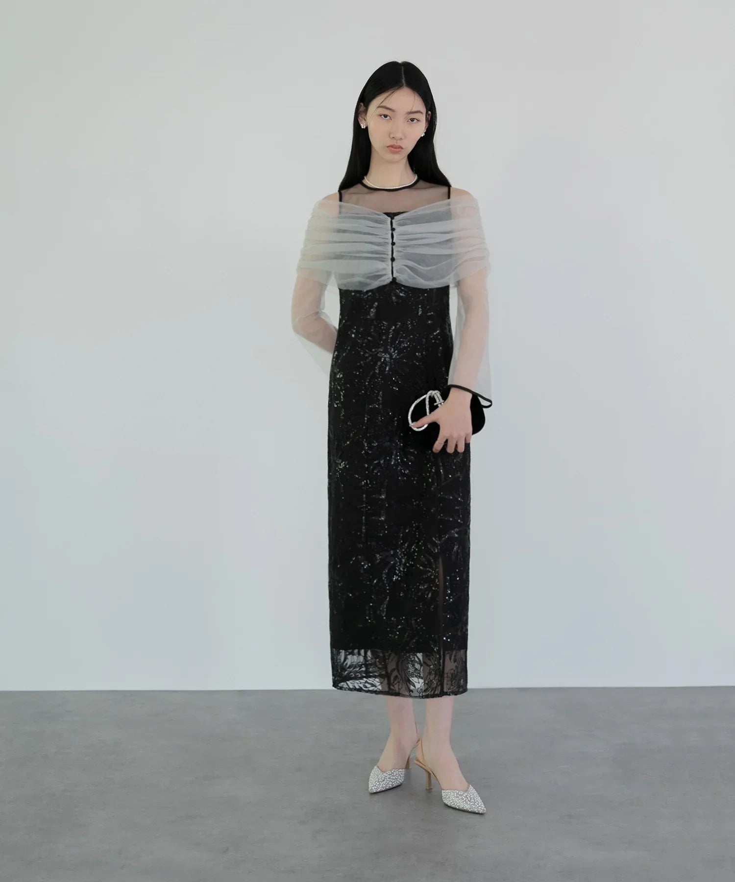 【当日発送】チュールオフショルダー花柄Iラインワンピースドレス