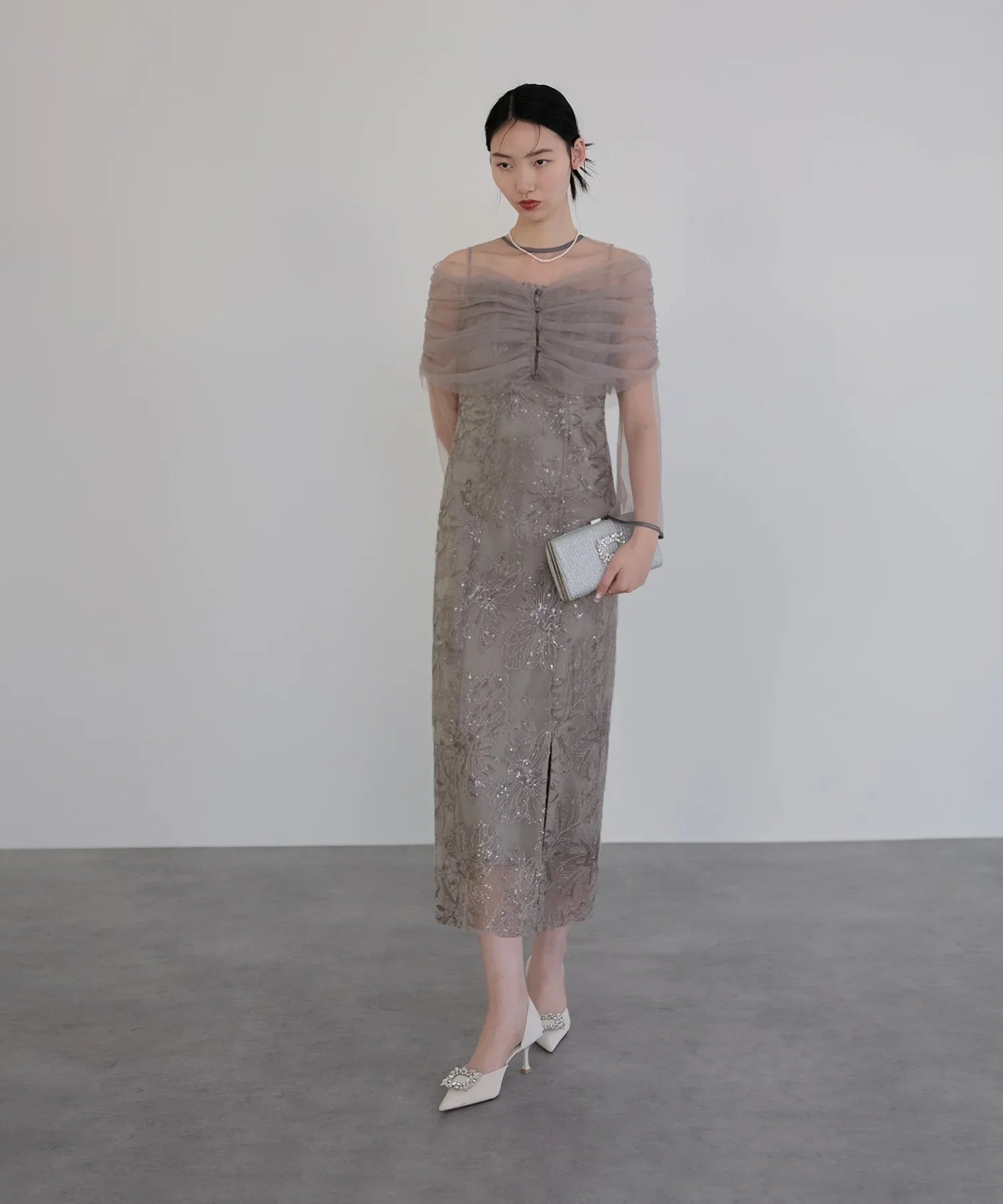 【当日発送】チュールオフショルダー花柄Iラインワンピースドレス