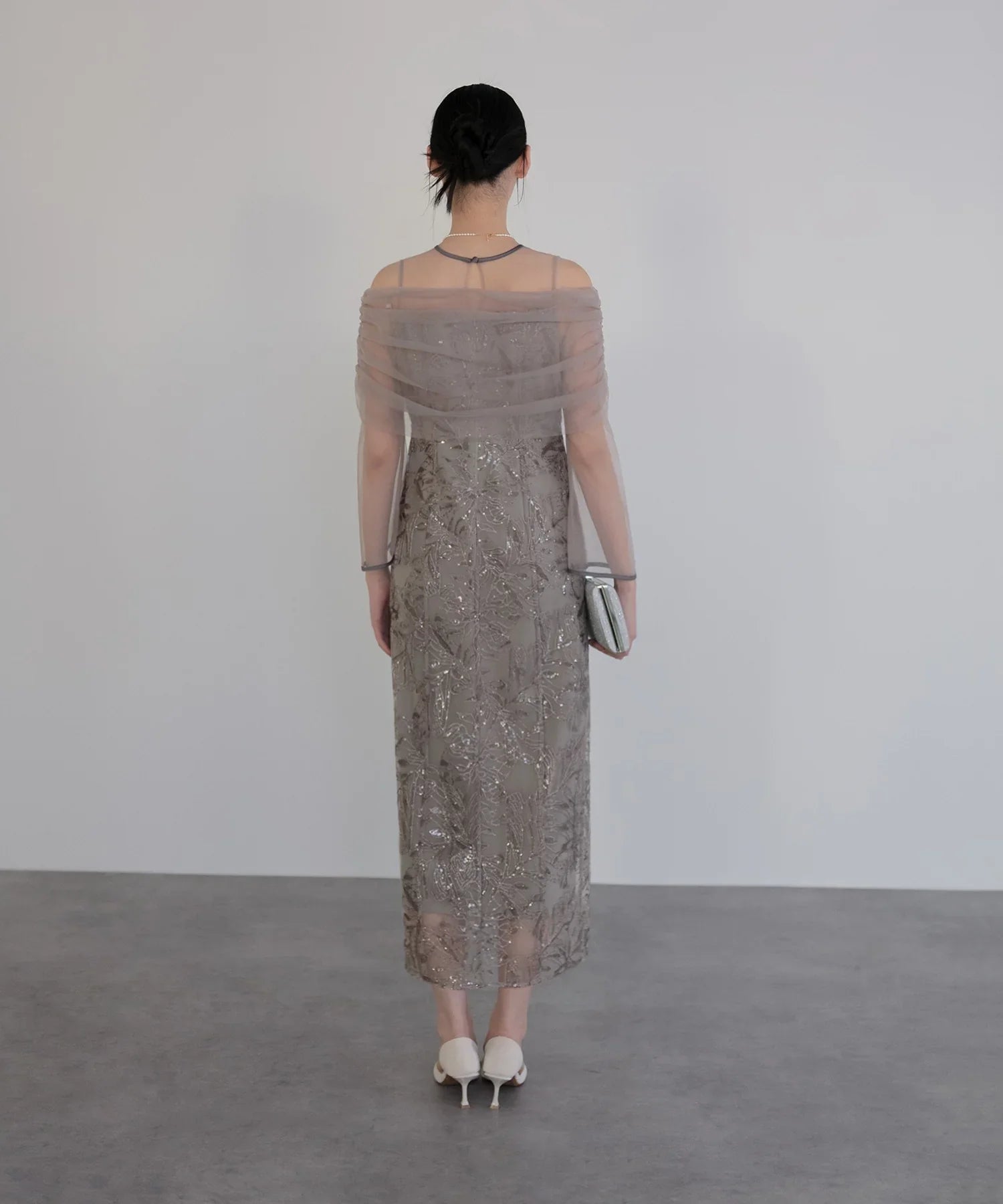 【当日発送】チュールオフショルダー花柄Iラインワンピースドレス