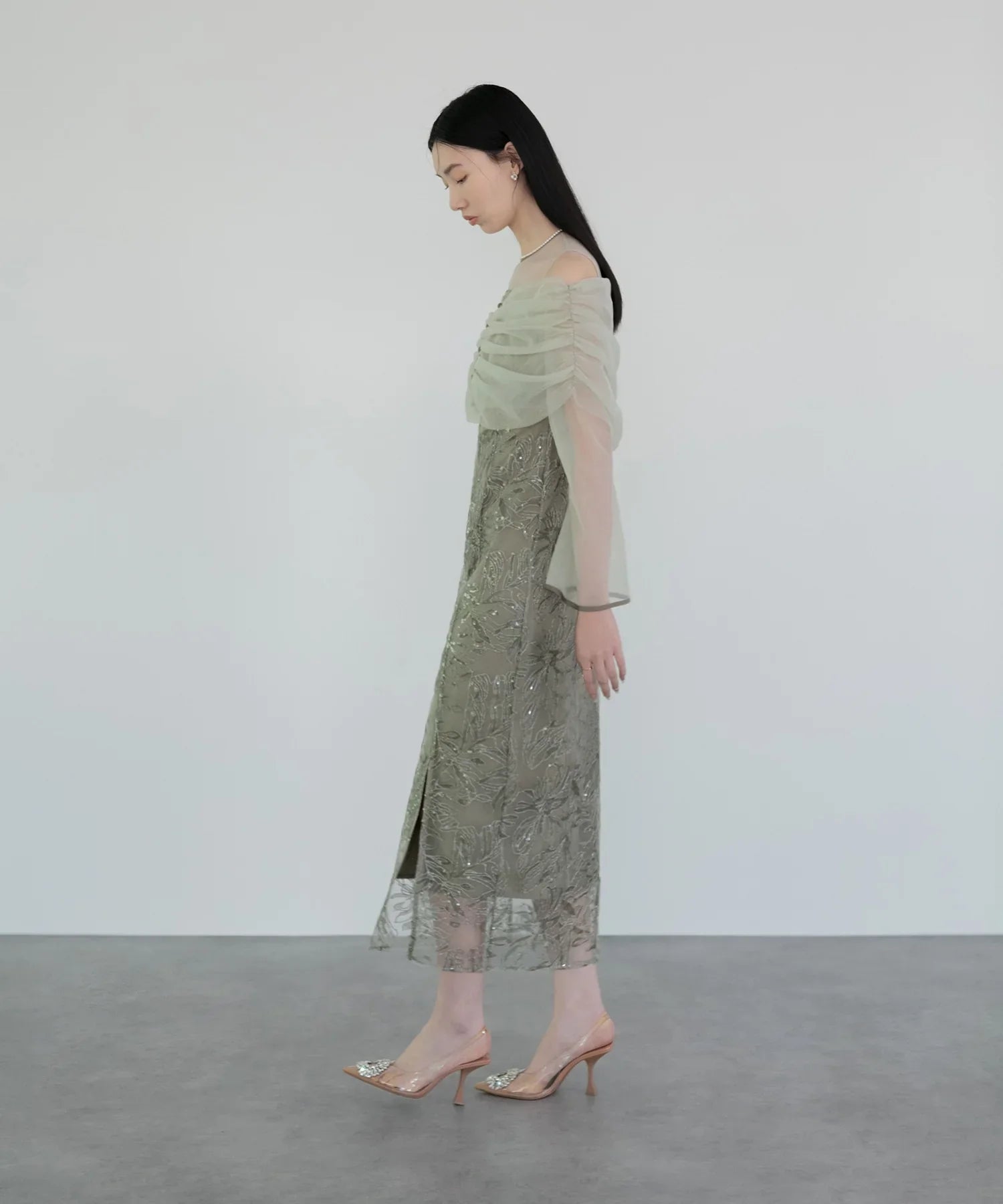 【当日発送】チュールオフショルダー花柄Iラインワンピースドレス