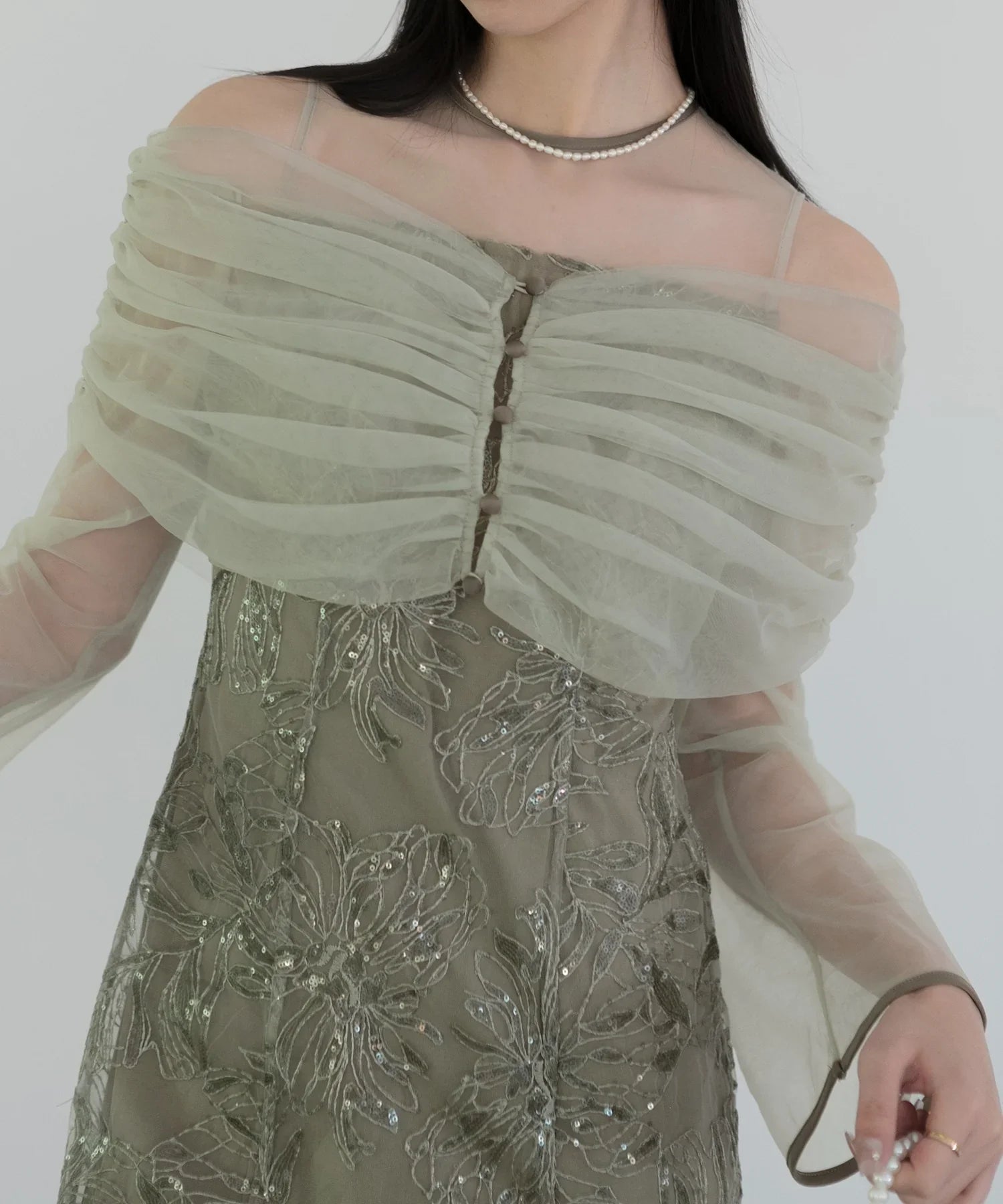 【当日発送】チュールオフショルダー花柄Iラインワンピースドレス