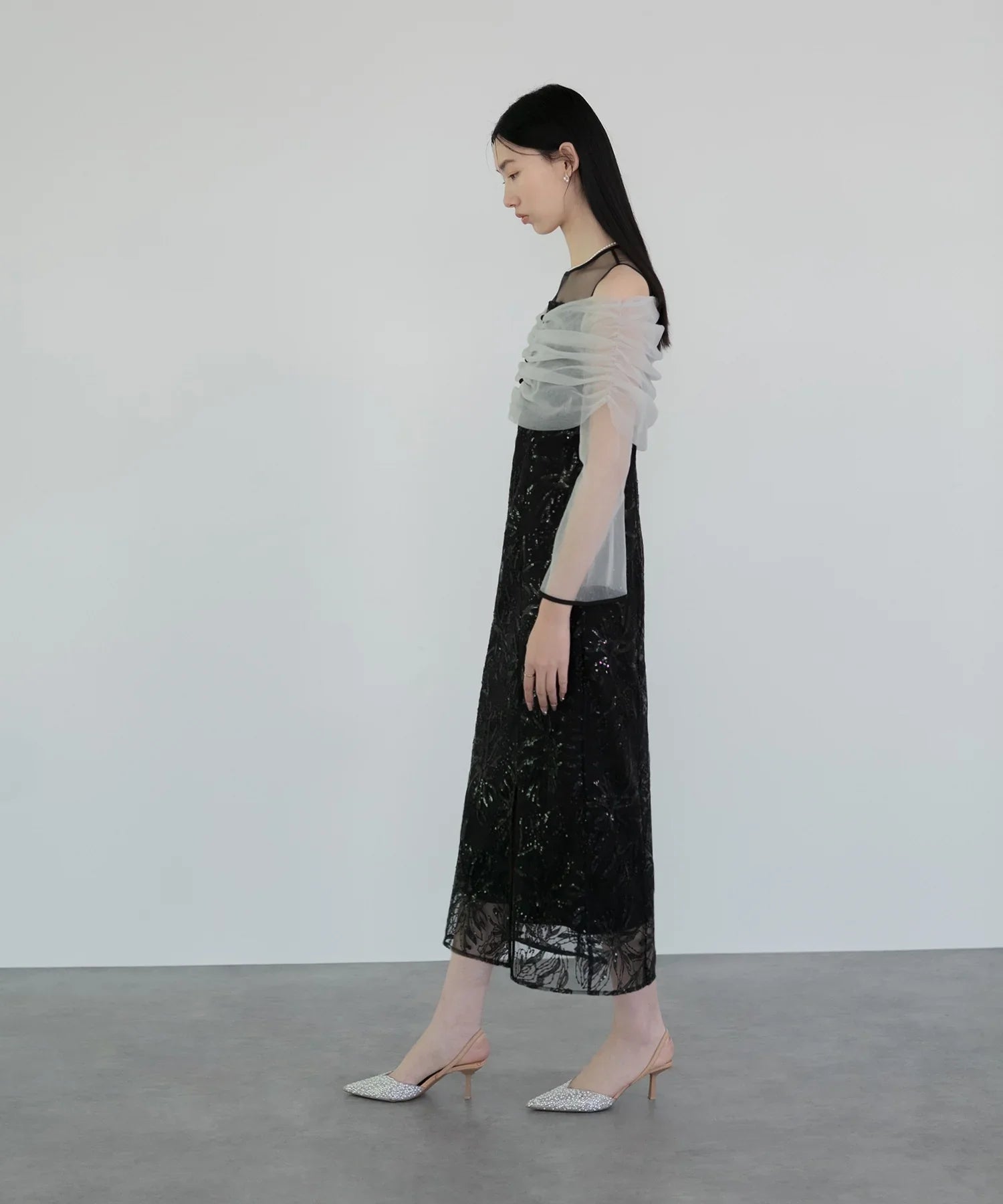 【当日発送】チュールオフショルダー花柄Iラインワンピースドレス