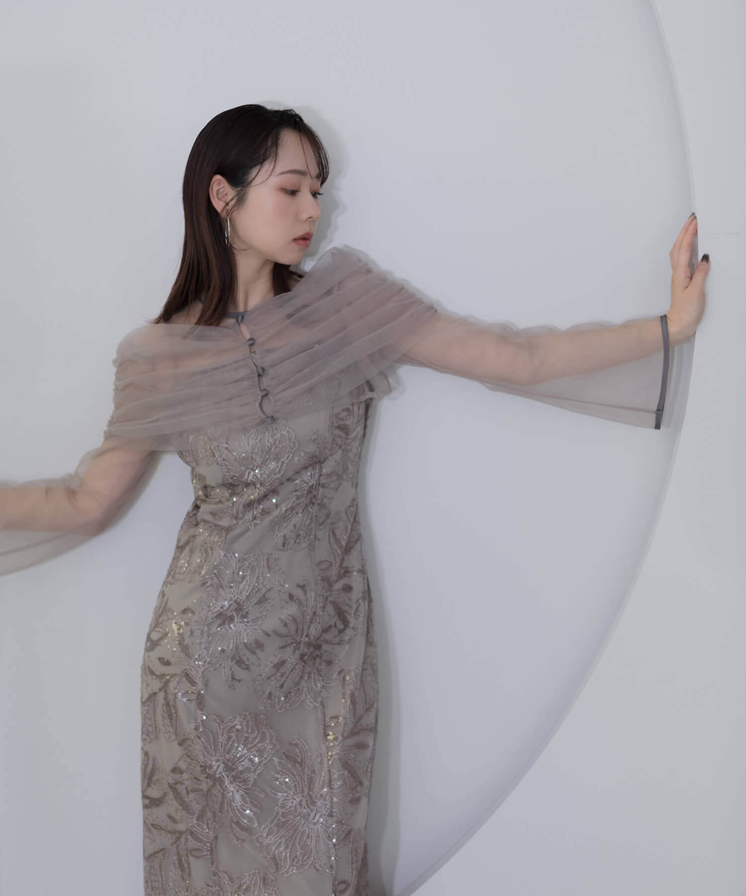 【当日発送】チュールオフショルダー花柄Iラインワンピースドレス