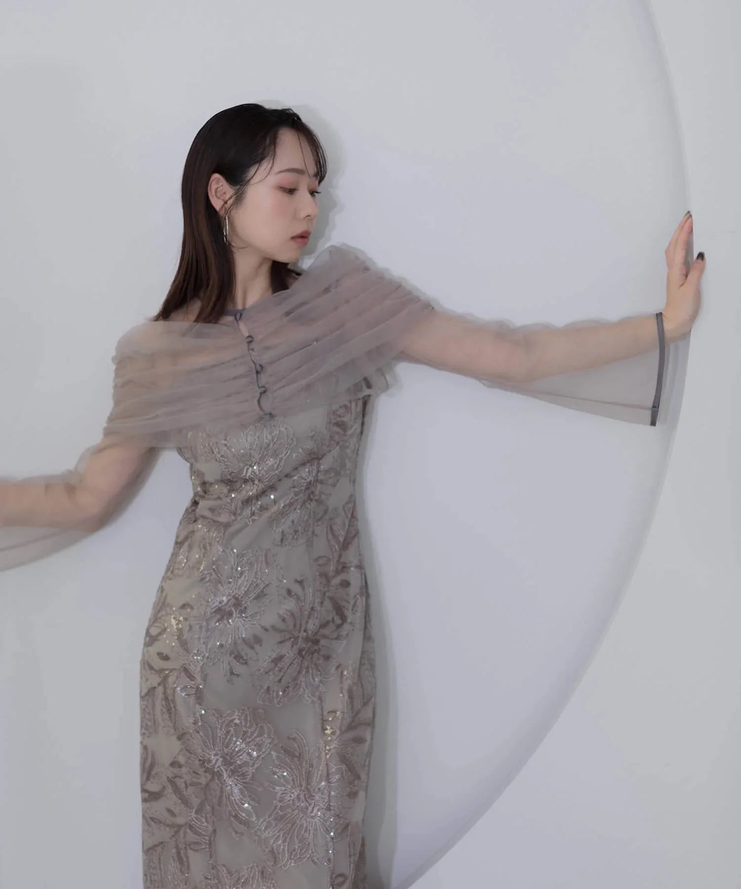 当日発送】チュールオフショルダー花柄Iラインドレス