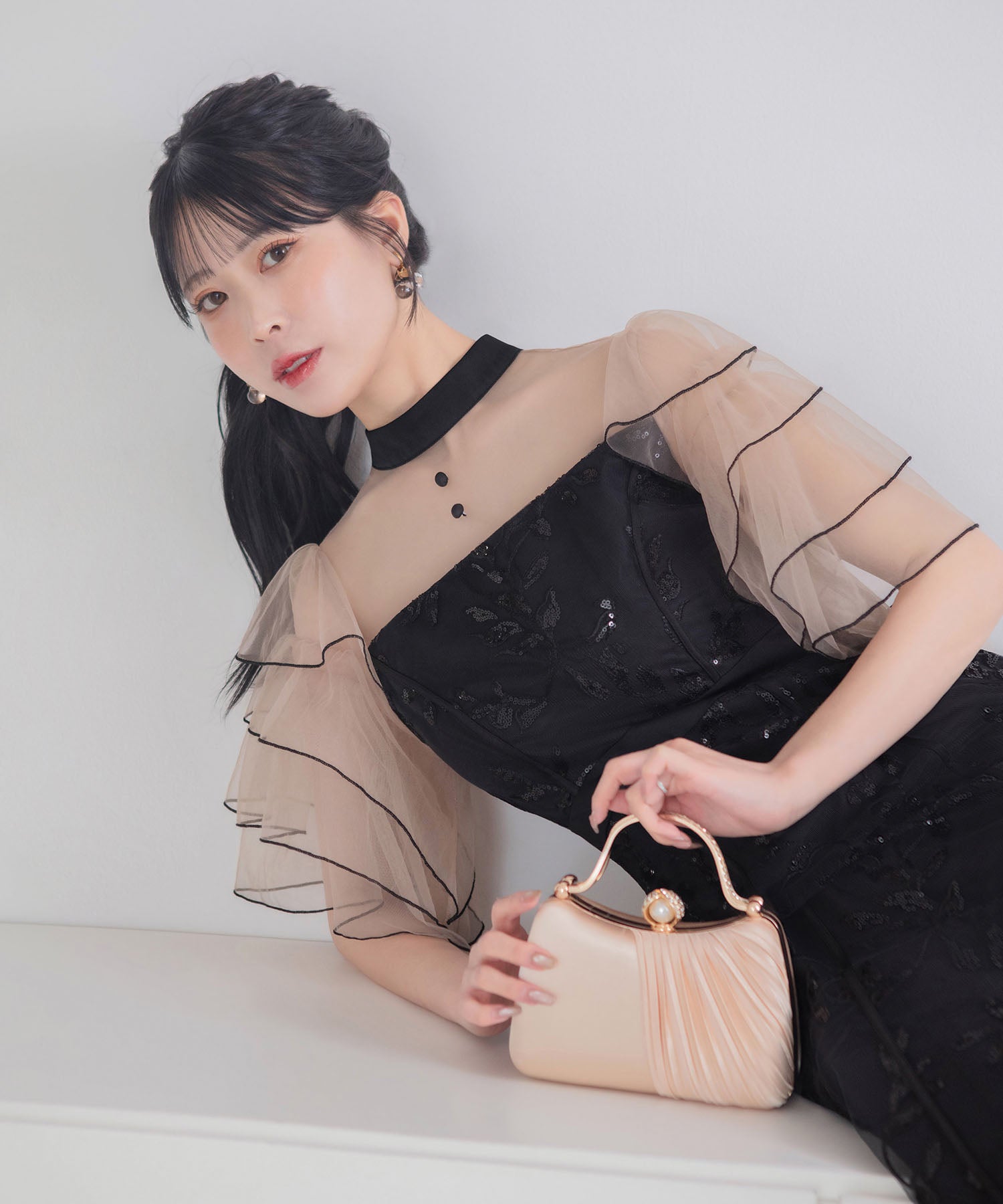 【COMING SOON】ハイネックパイピングシアーチュールスリーブスパンコールリーフマーメイドワンピースドレス