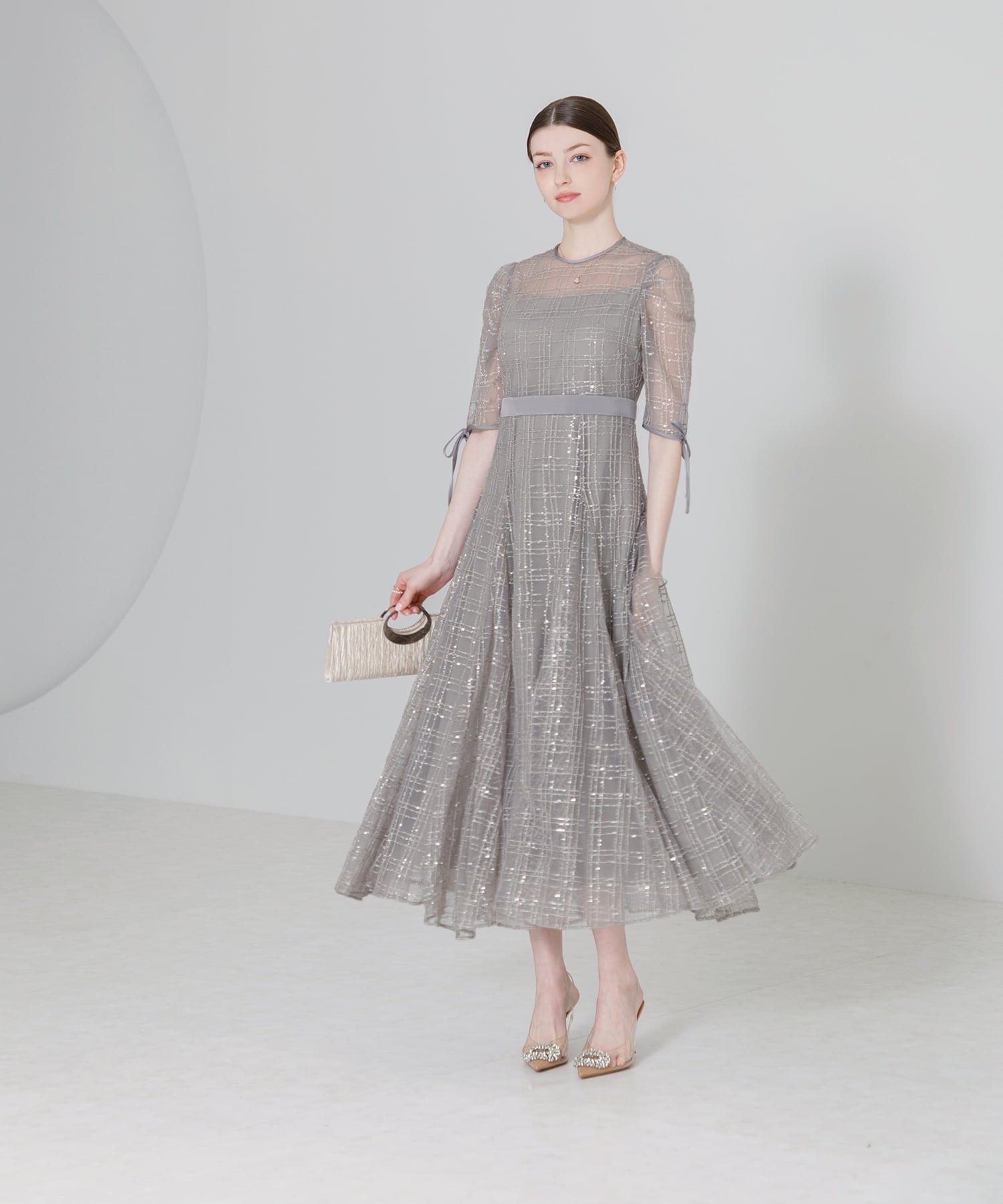 【当日発送】チェックスパンコールリボンワンピースドレス