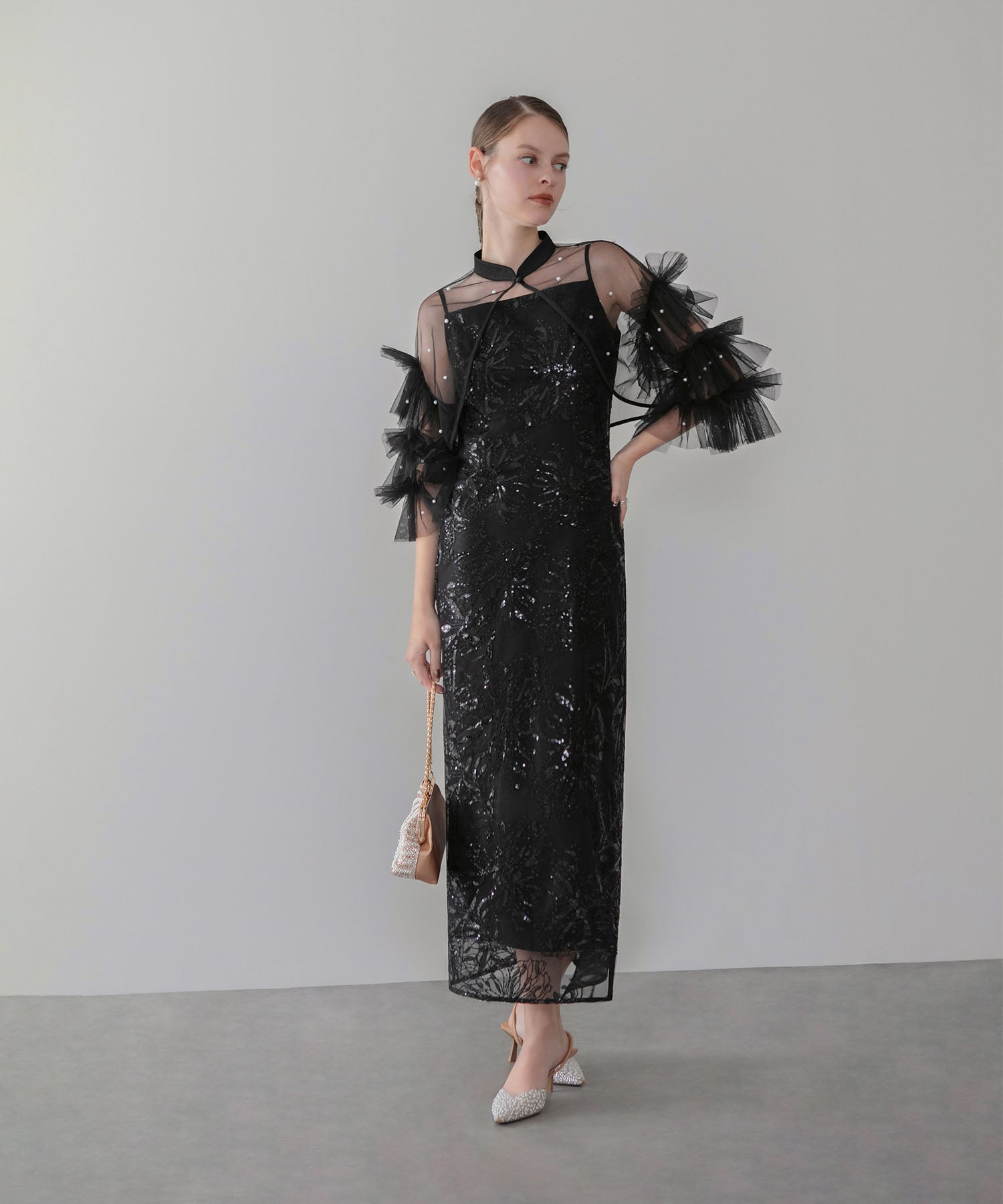 【一部当日発送】パールフリルチュールボレロレイヤードIラインワンピースドレス