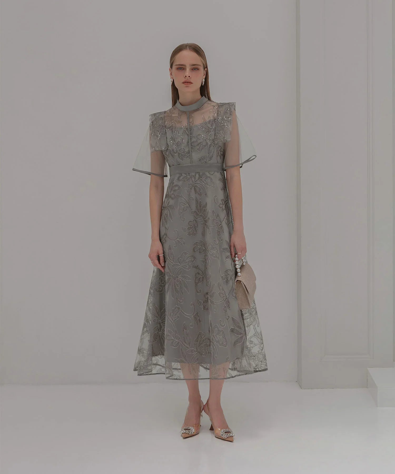 【一部当日発送】フラップデザインフラワースパンコールAラインワンピースドレス