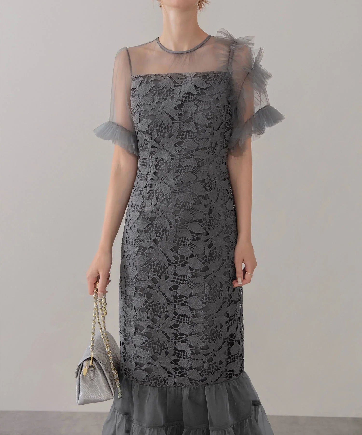 【当日発送】アシンメトリーチュールスリーブレースフリルヘムIラインワンピースドレス