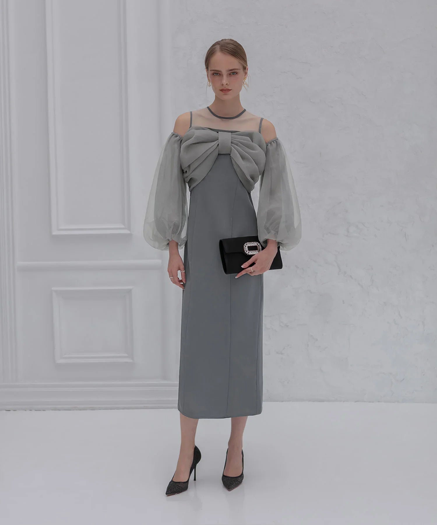 【当日発送】フロントリボンチュールIラインワンピースドレス