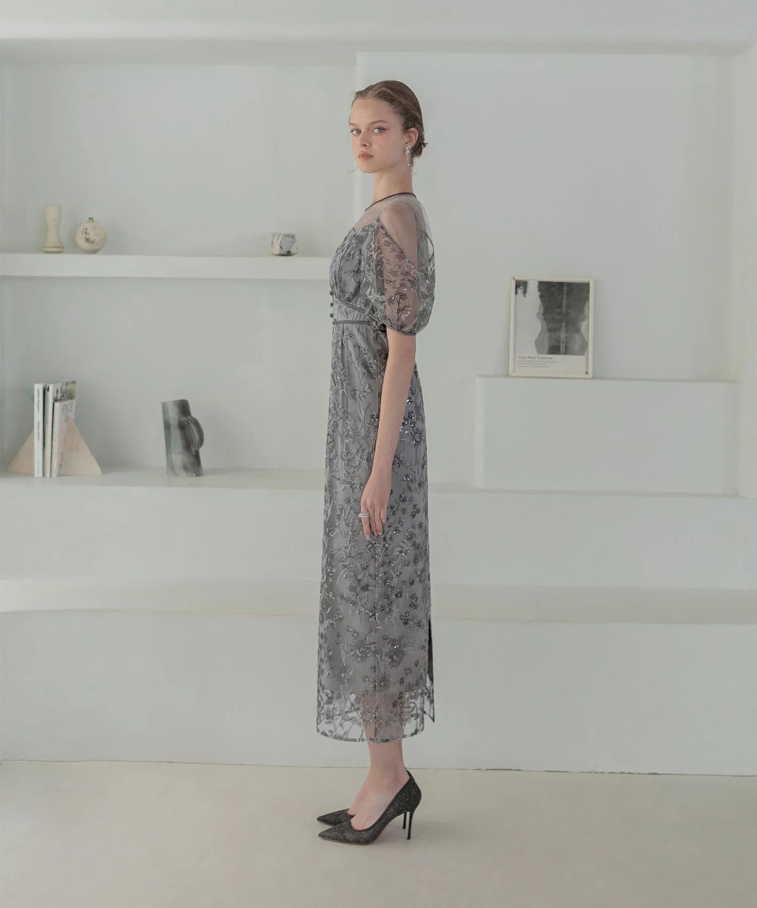 【当日発送】フラワーディテールパフスリーブIラインワンピースドレス