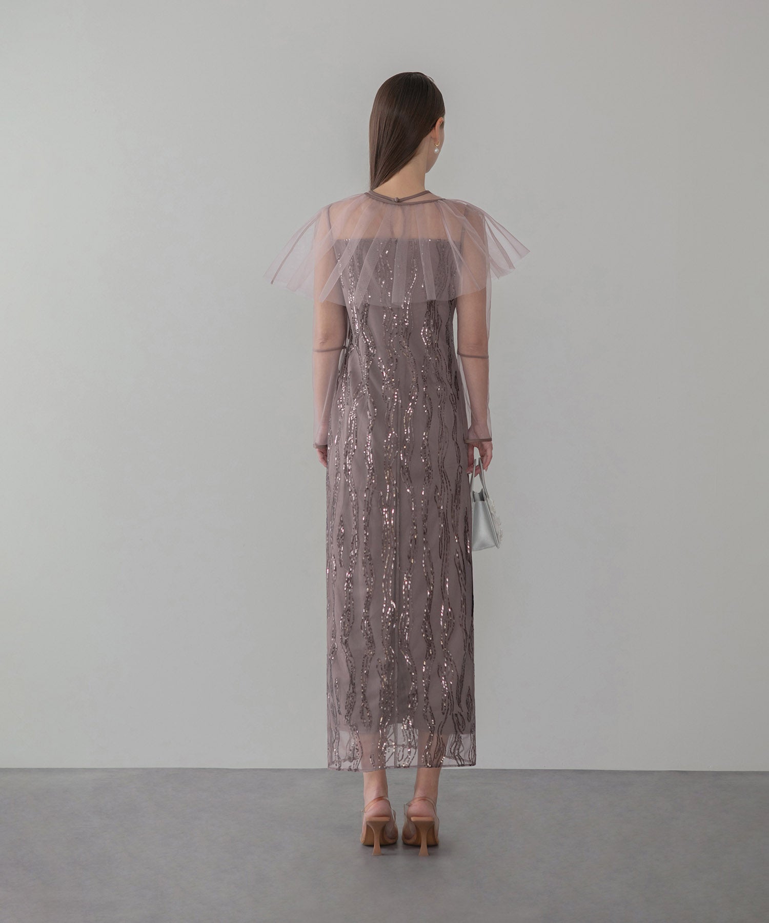 【当日発送】シアーケープスパンコールIラインワンピースドレス