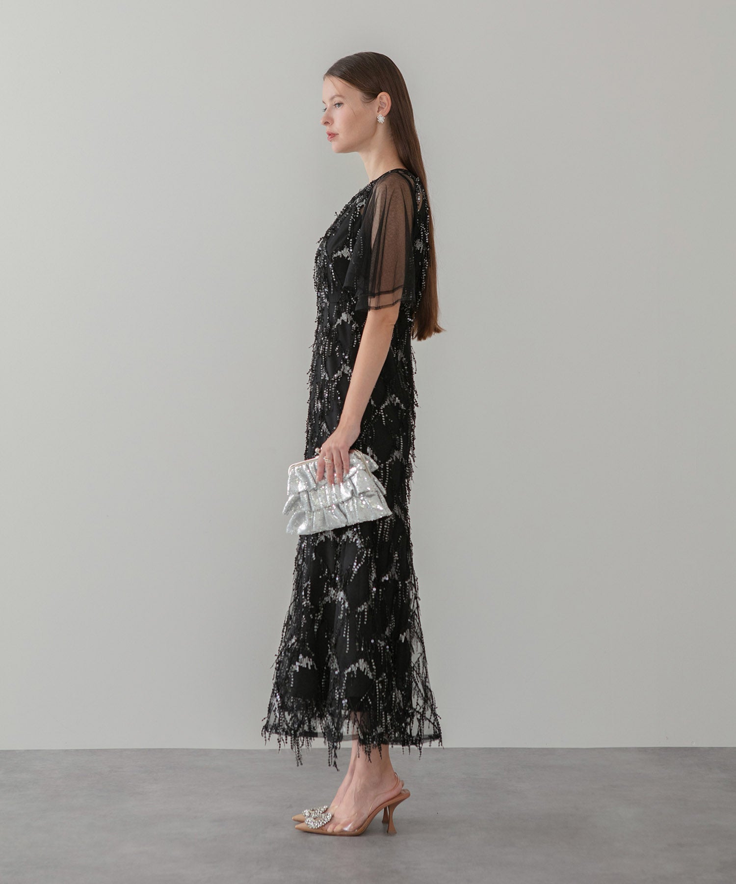 【当日発送】チュールスリーブスパンコールマーメイドワンピースドレス