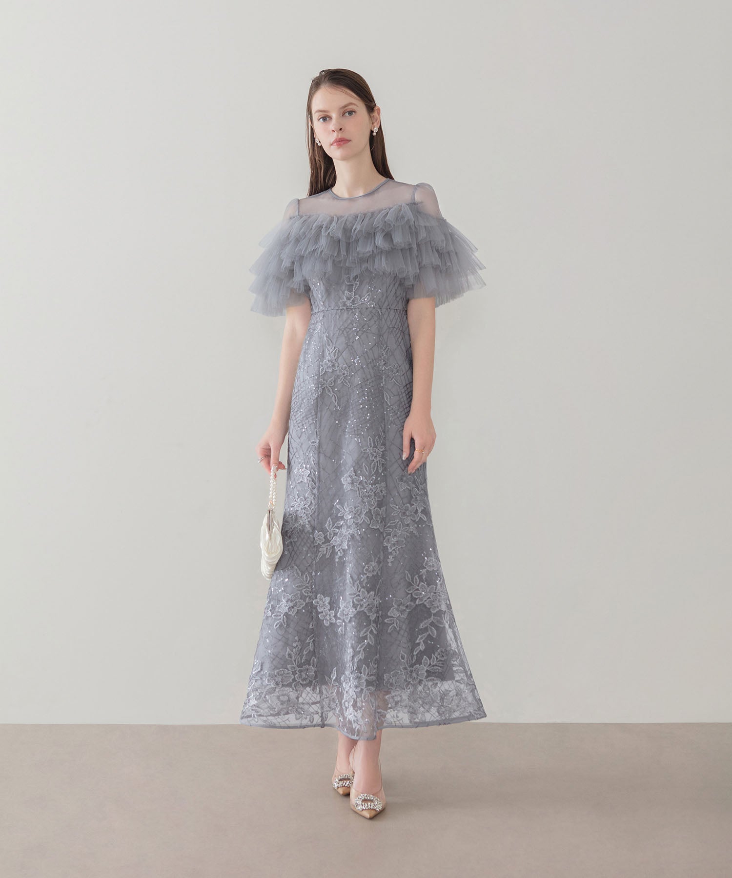 【COMING SOON】フロントチュールフリルフラワースパンコールマーメイドワンピースドレス