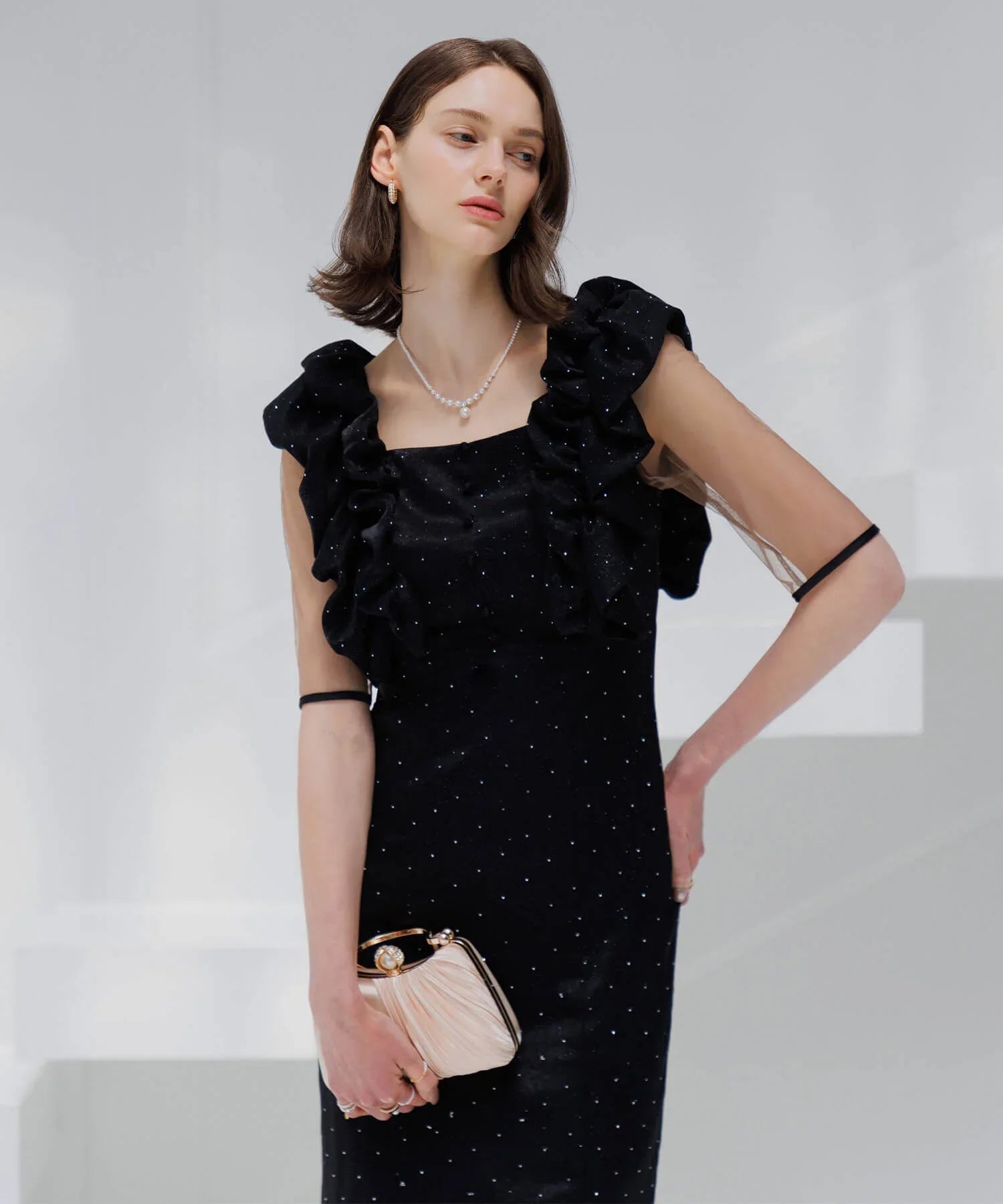 【当日発送】フリルショルダーストーンIラインワンピースドレス