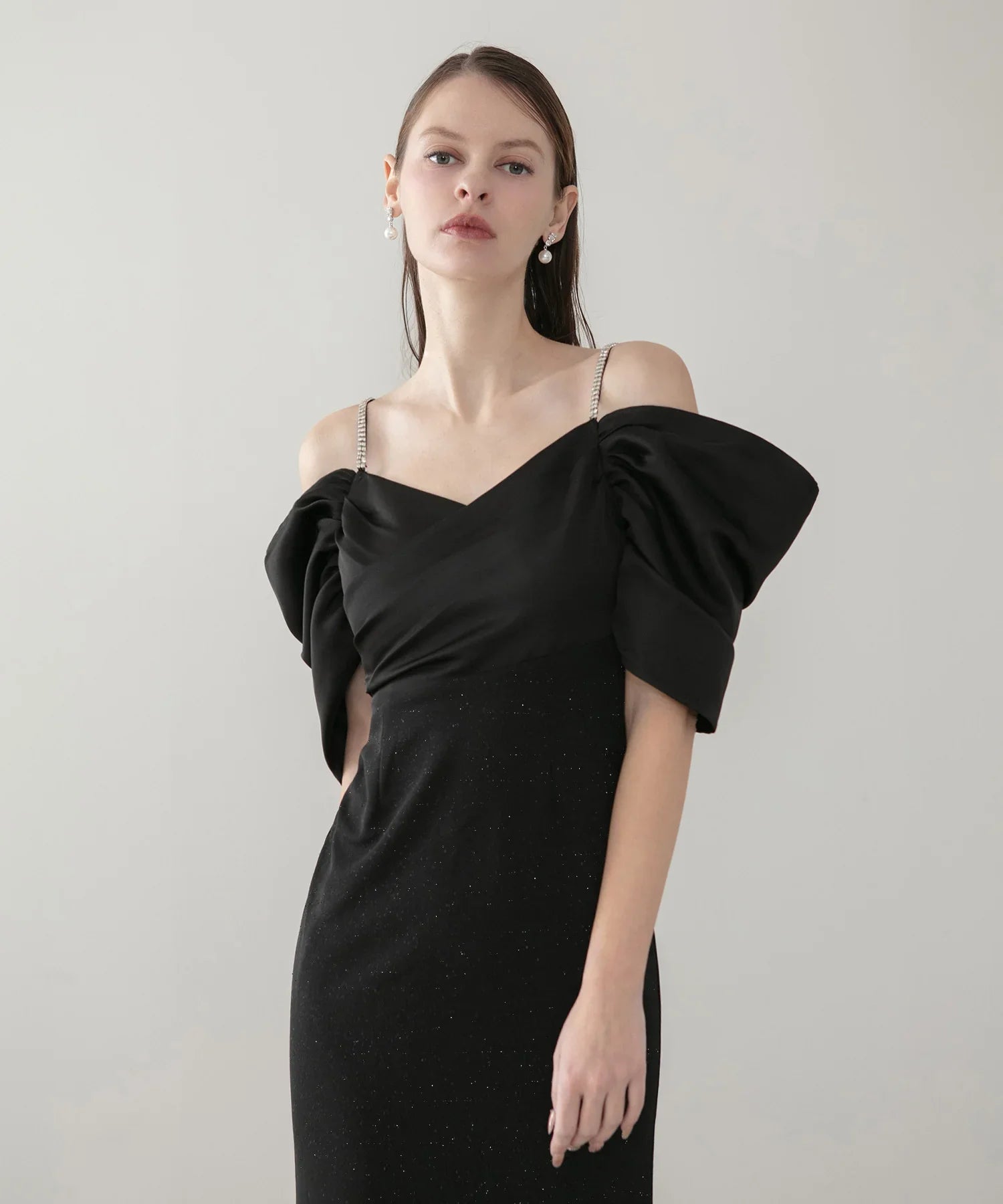 【LEJA LUXE】ビジューストラップタックオフショルダーマーメイドワンピースドレス