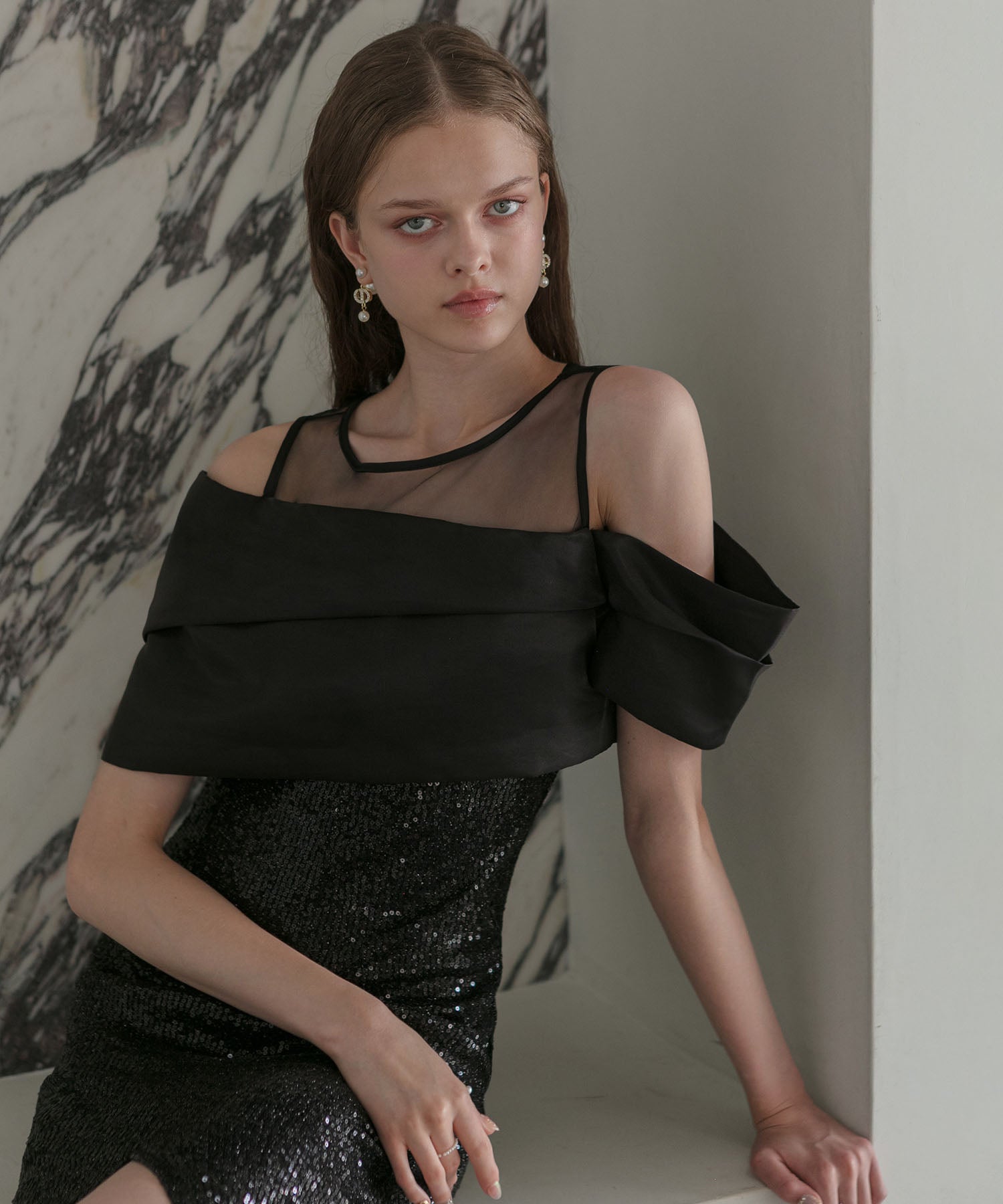 【LEJA LUXE】シースルーアシンメトリースパンコールスリットIラインドレス