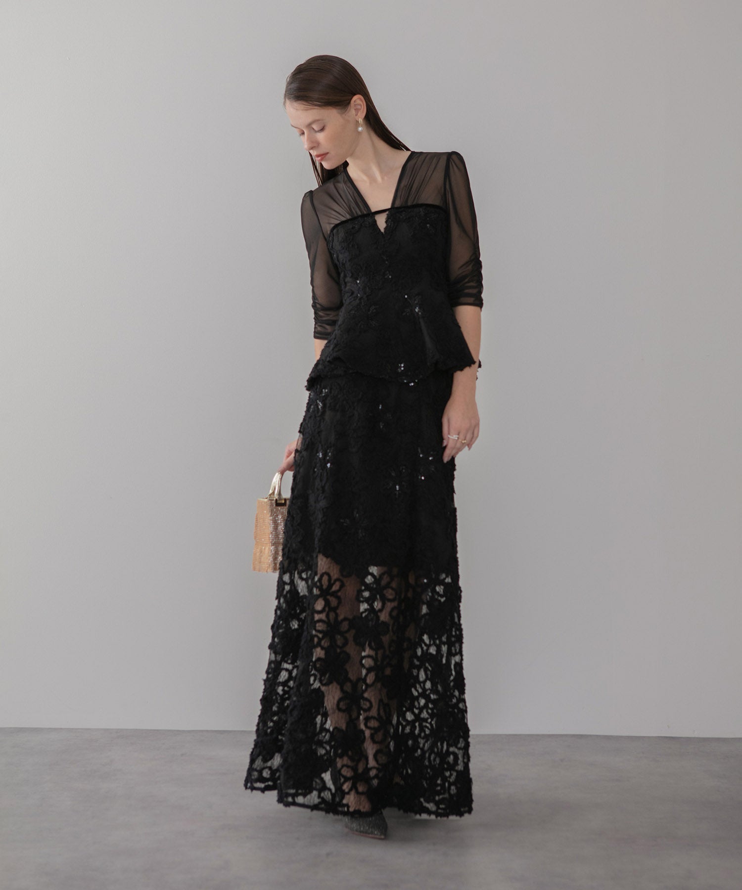 【LEJA LUXE】フラワーレースペプラムセットアップドレス