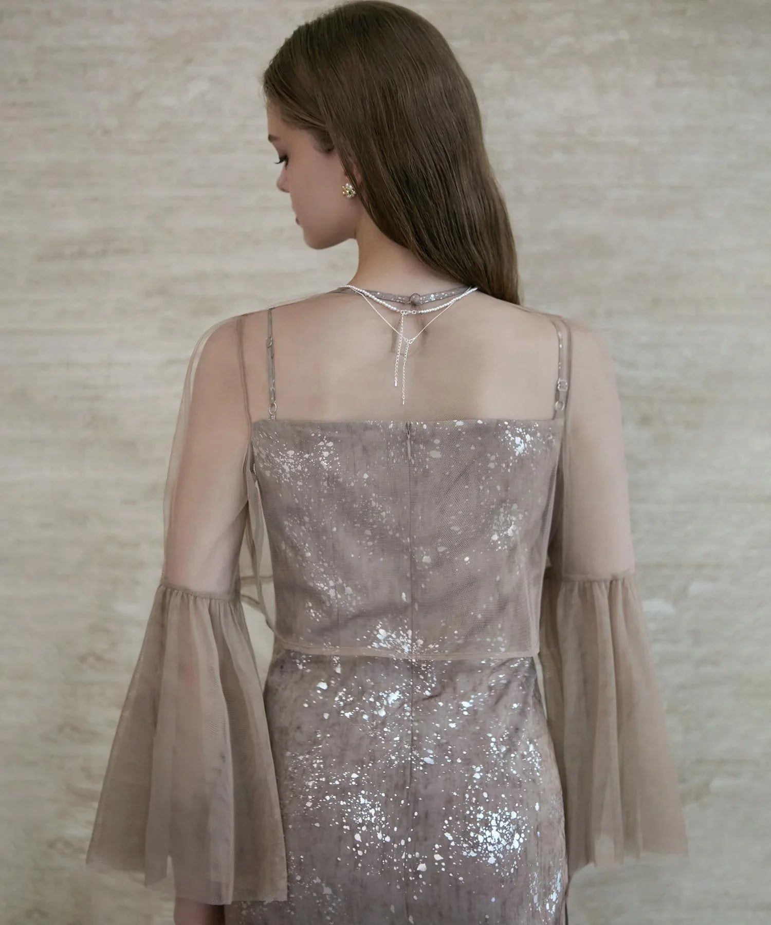 【一部当日発送】シアーチュールベルスリーブペイントIラインワンピースドレス