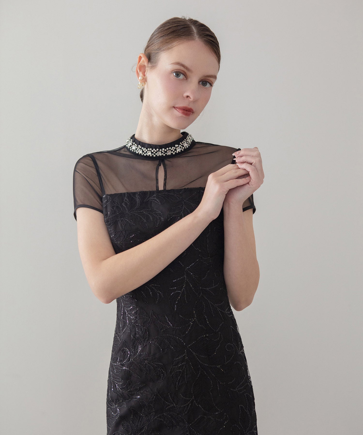 【LEJA LUXE】ネックビジュースパンコールシアーティアードマーメイドドレス