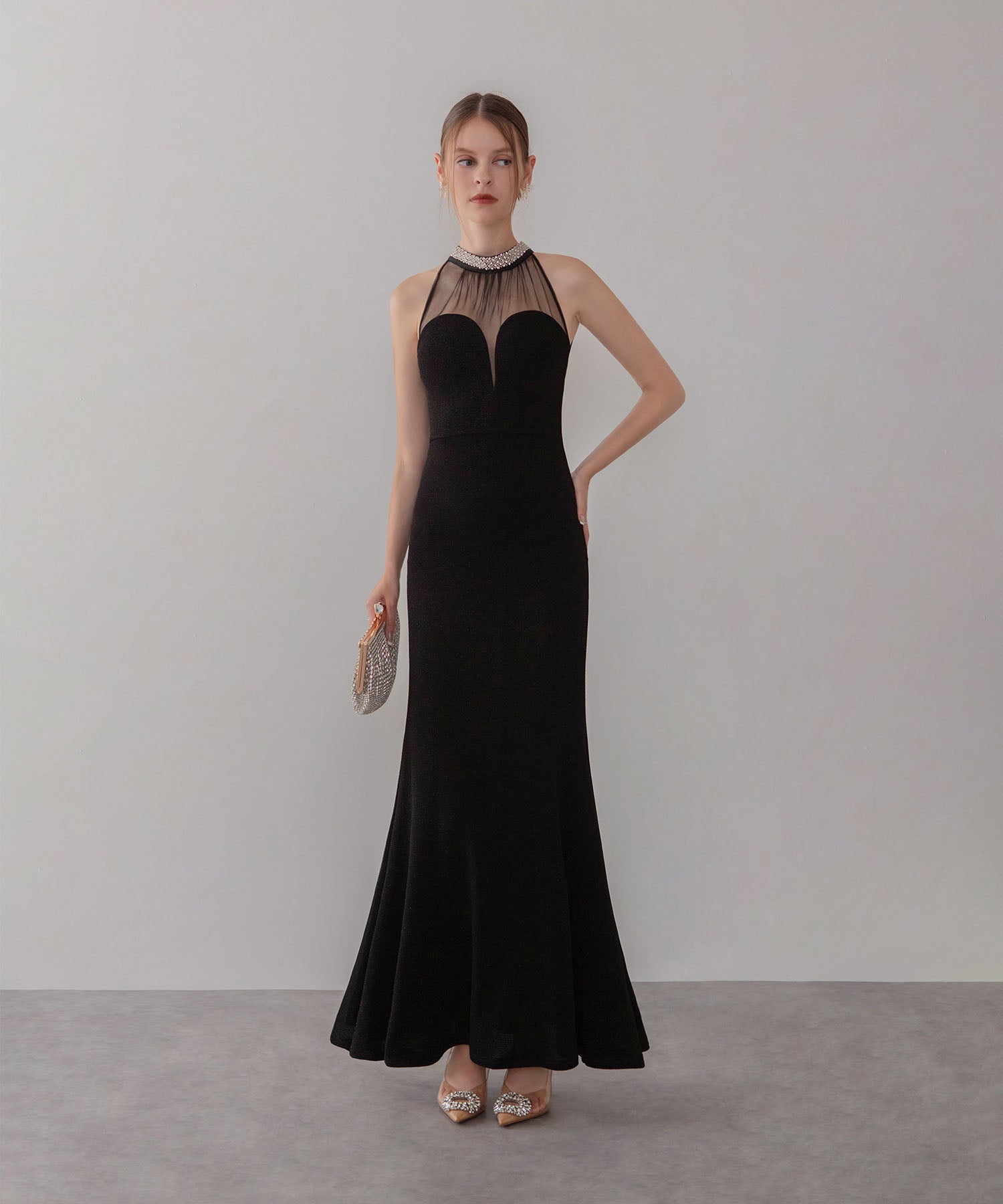 【LEJA LUXE】シアーネックビジューデザインブラックマーメイドロングドレス