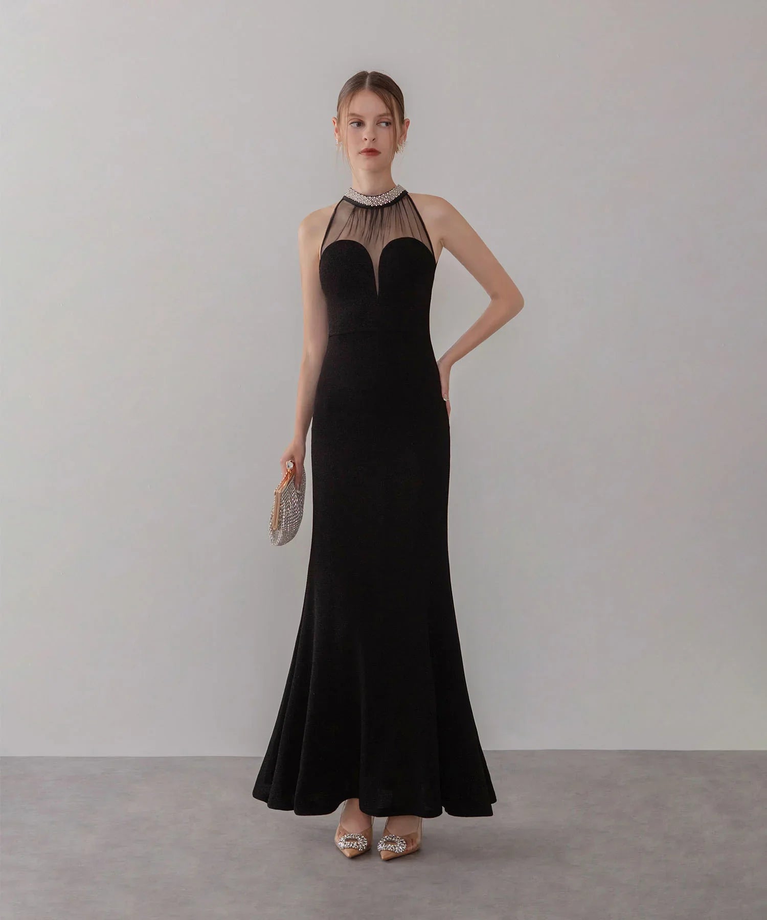 【LEJA LUXE】シアーネックビジューデザインブラックマーメイドロングドレス