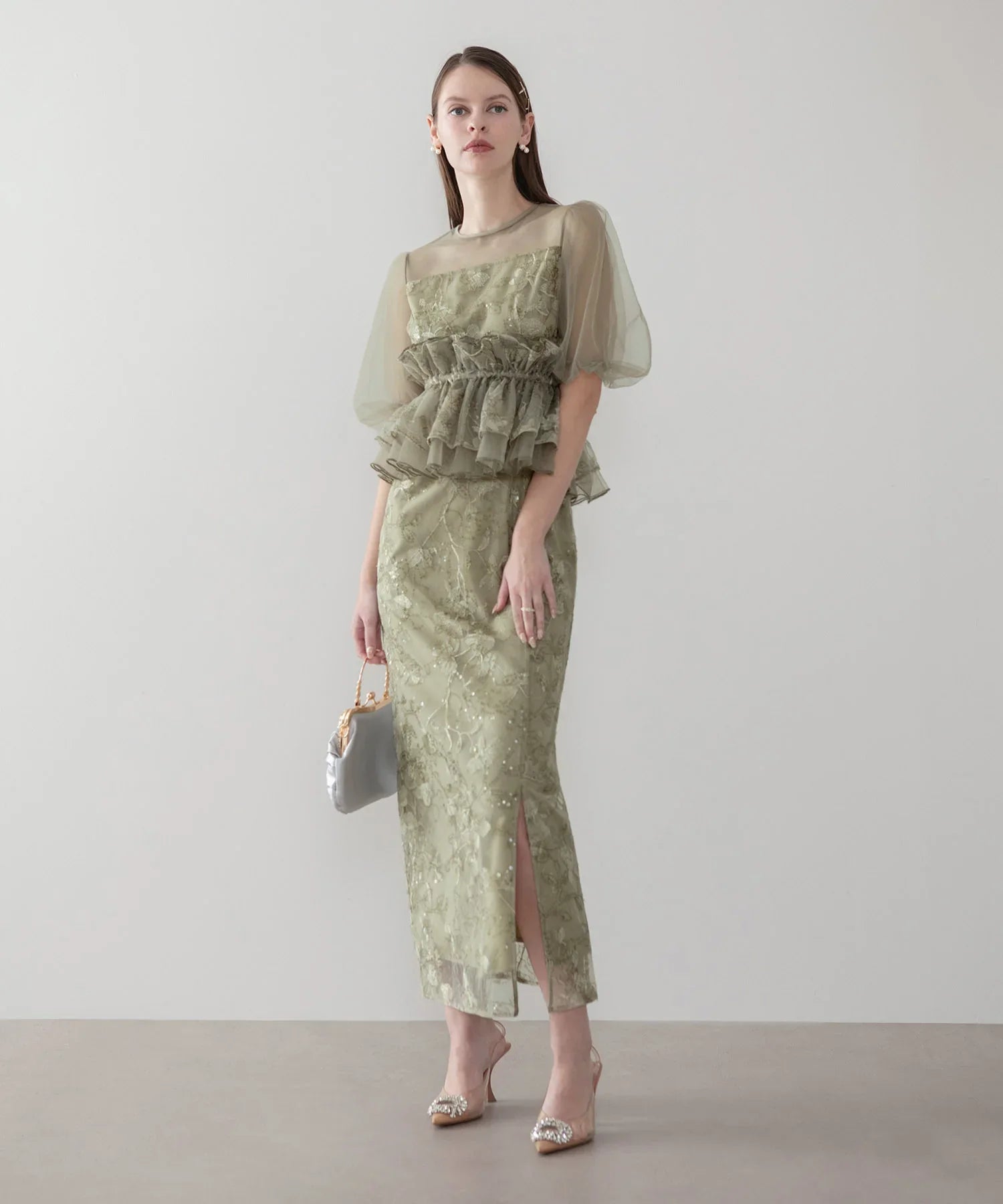 【予約販売】3WAYチュールラッフルフラワースパンコールIラインワンピースドレス