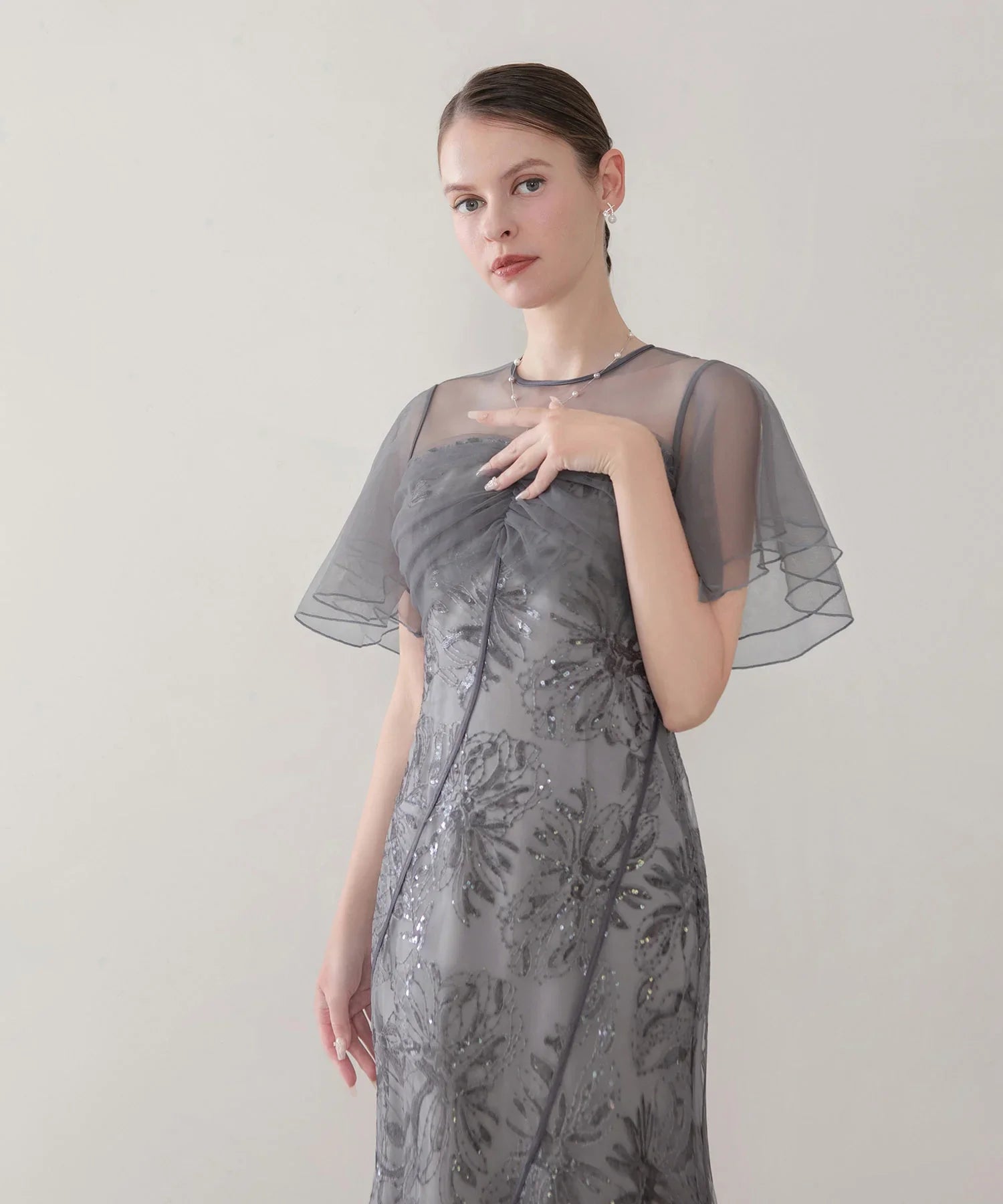 【予約販売】フラワースパンコールチュールフレアスリーブマーメイドワンピースドレス