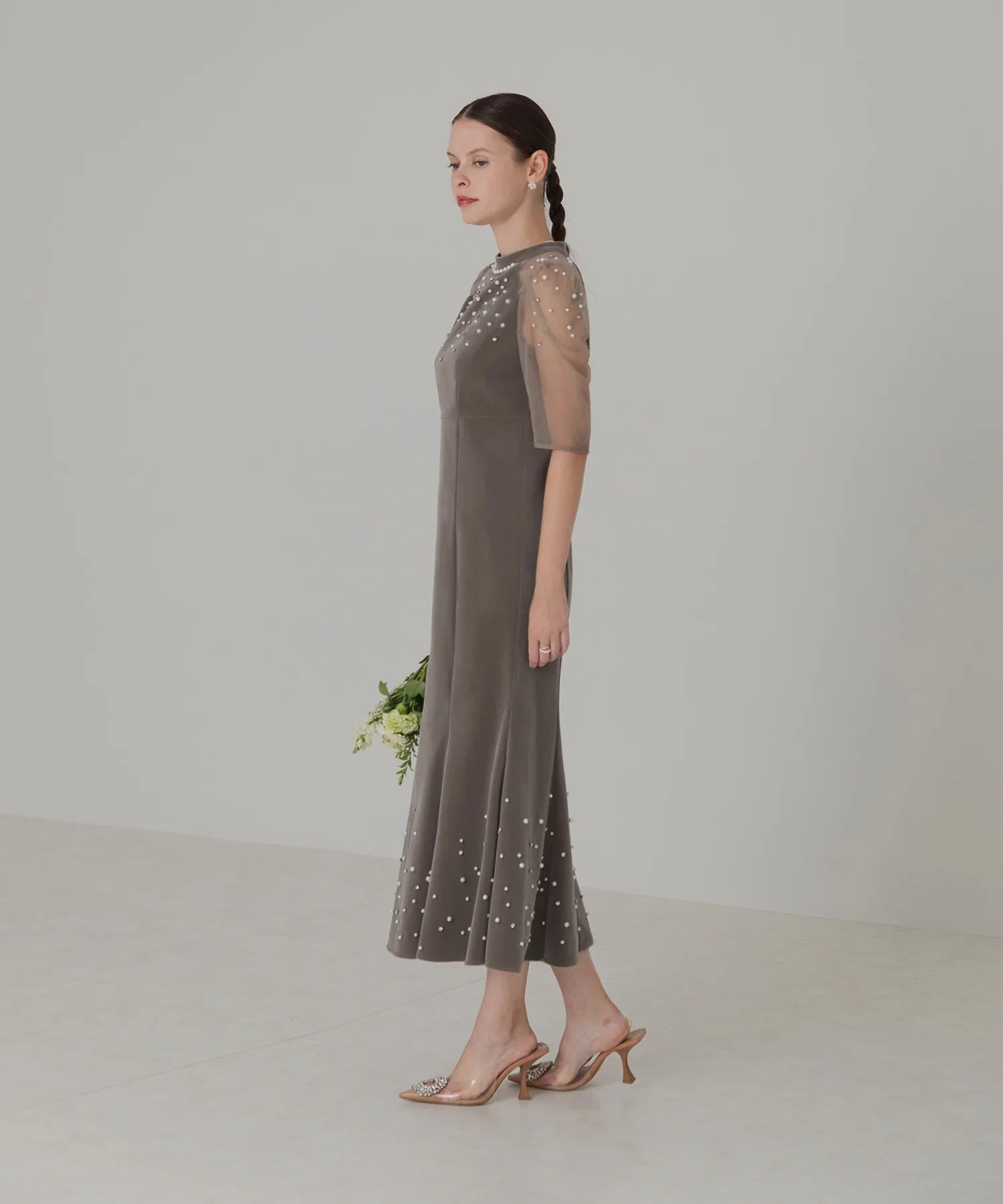 【当日発送】シアースリーブパールビジューベロアマーメイドワンピースドレス