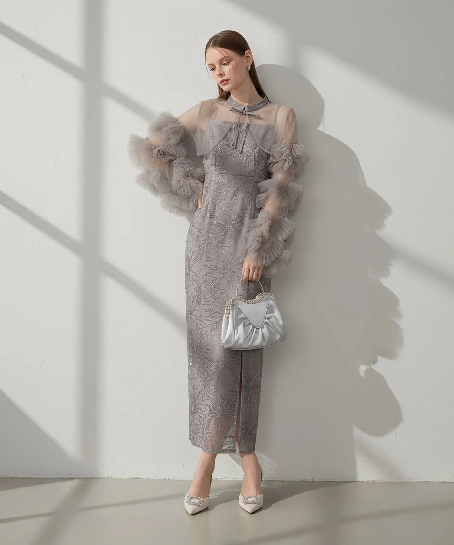 【一部当日発送】フリルチュールスリーブリボンIラインワンピースドレス