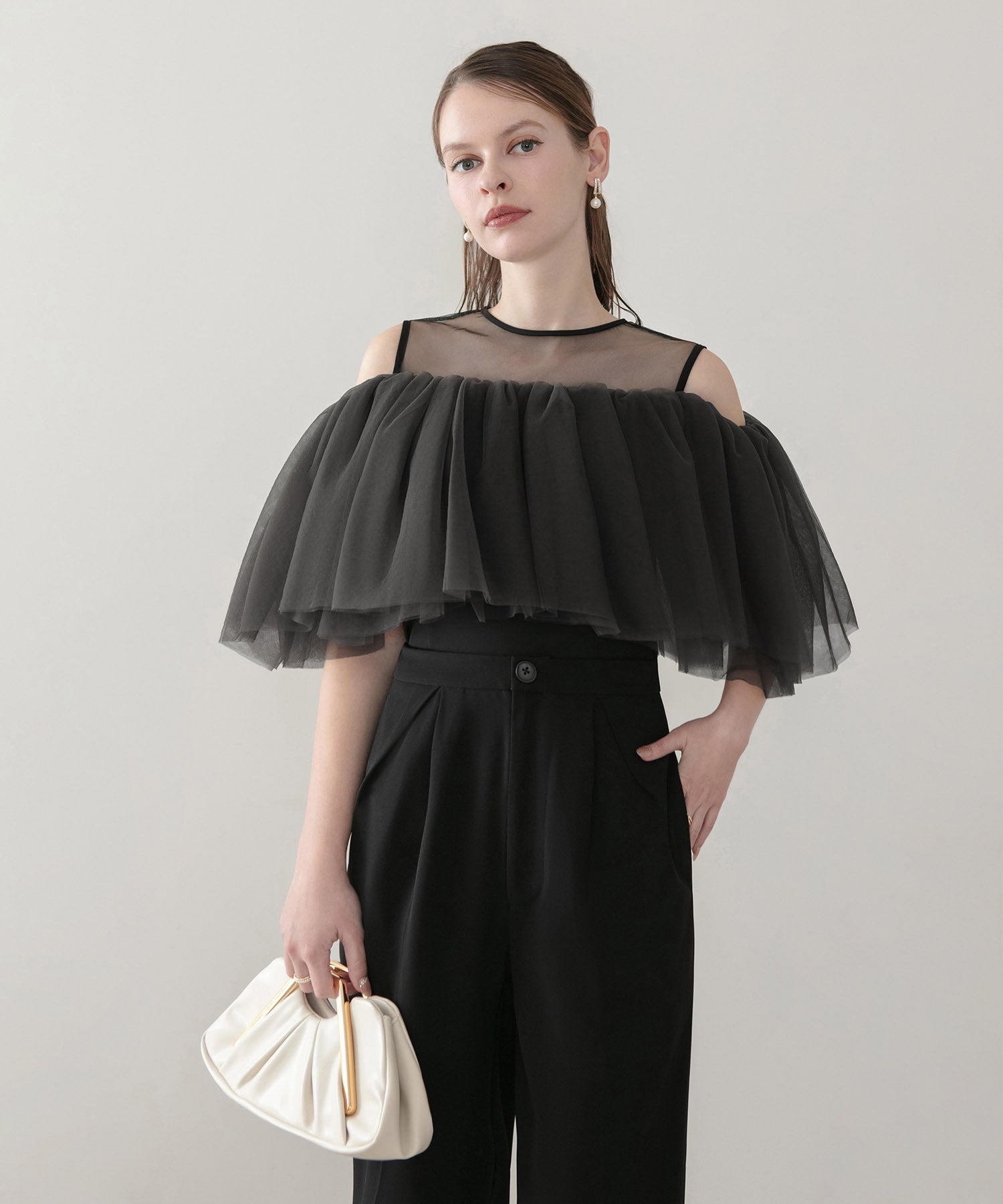 【当日発送】シアーチュールオフショルダーセットアップパンツドレス