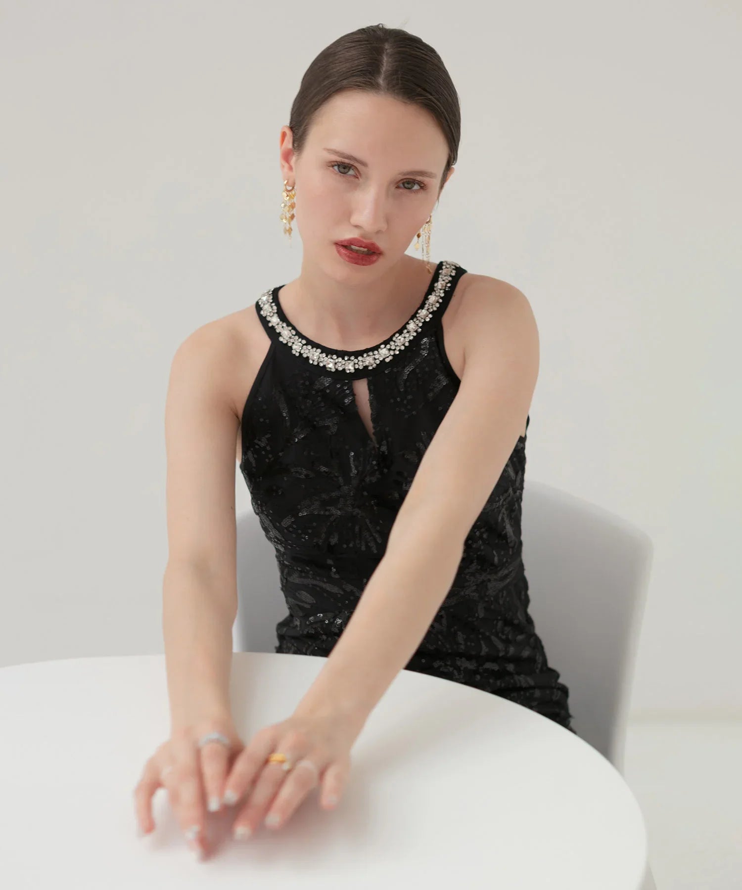 【LEJA LUXE】Beaded halter neck botanical mermaid dress