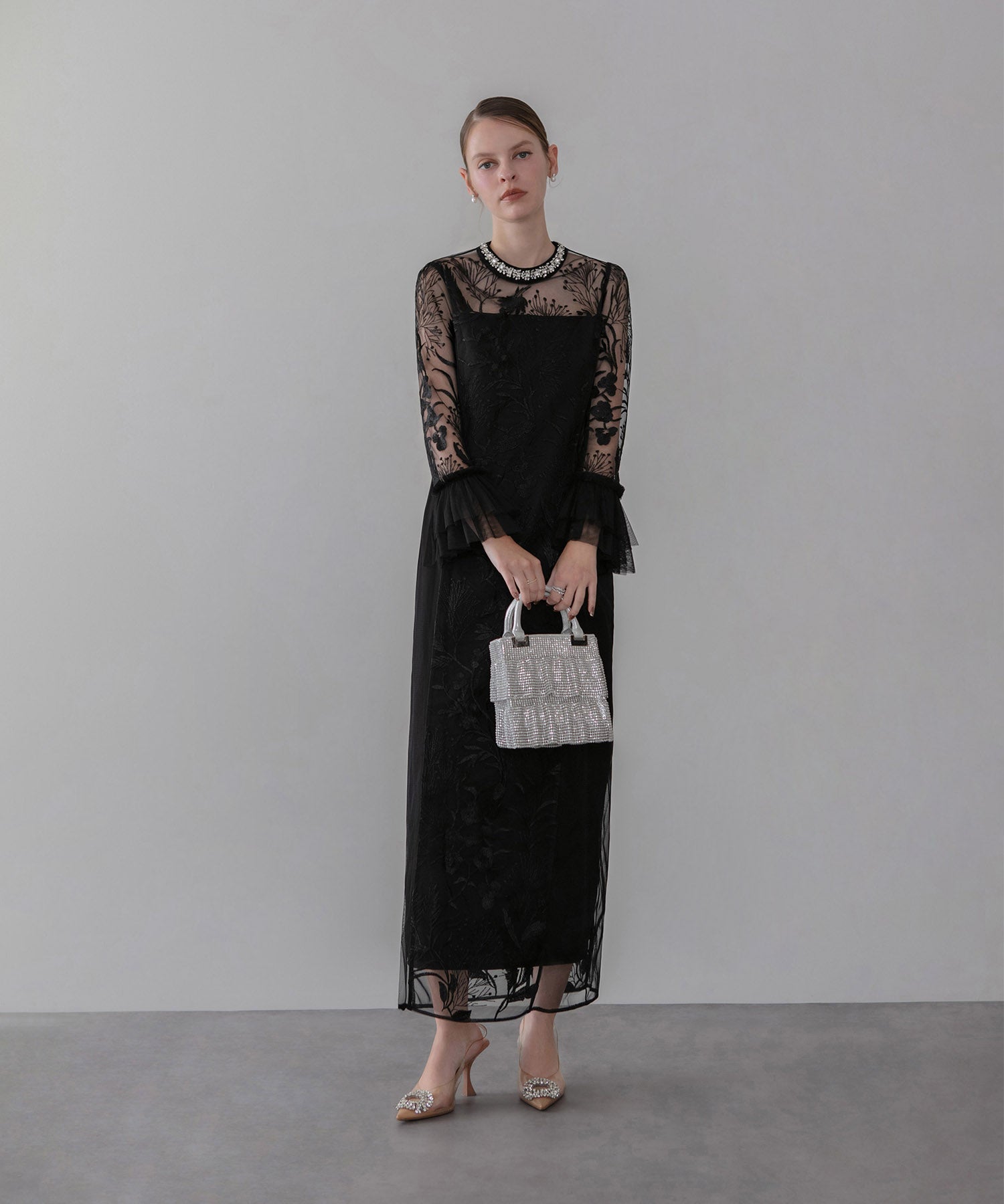 【当日発送】フラワーレースジュエルカラーIラインワンピースドレス