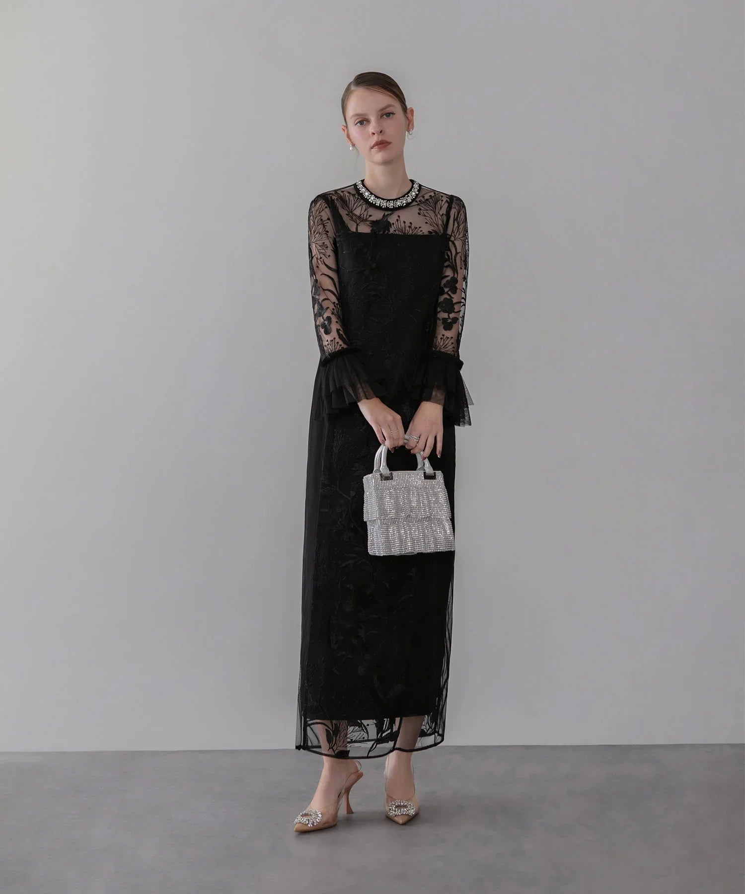 【当日発送】フラワーレースジュエルカラーIラインワンピースドレス