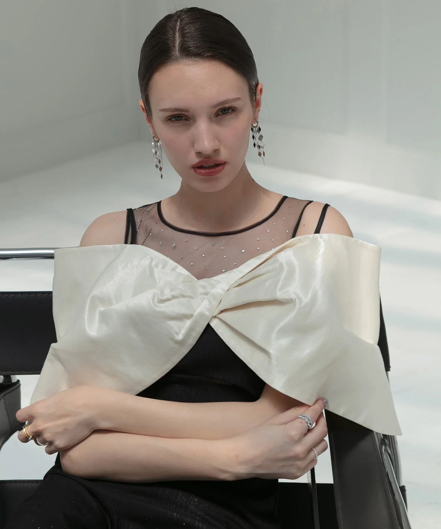 【LEJA LUXE】2WAY Ribbon Bustier Jewel Stone Pants Dress