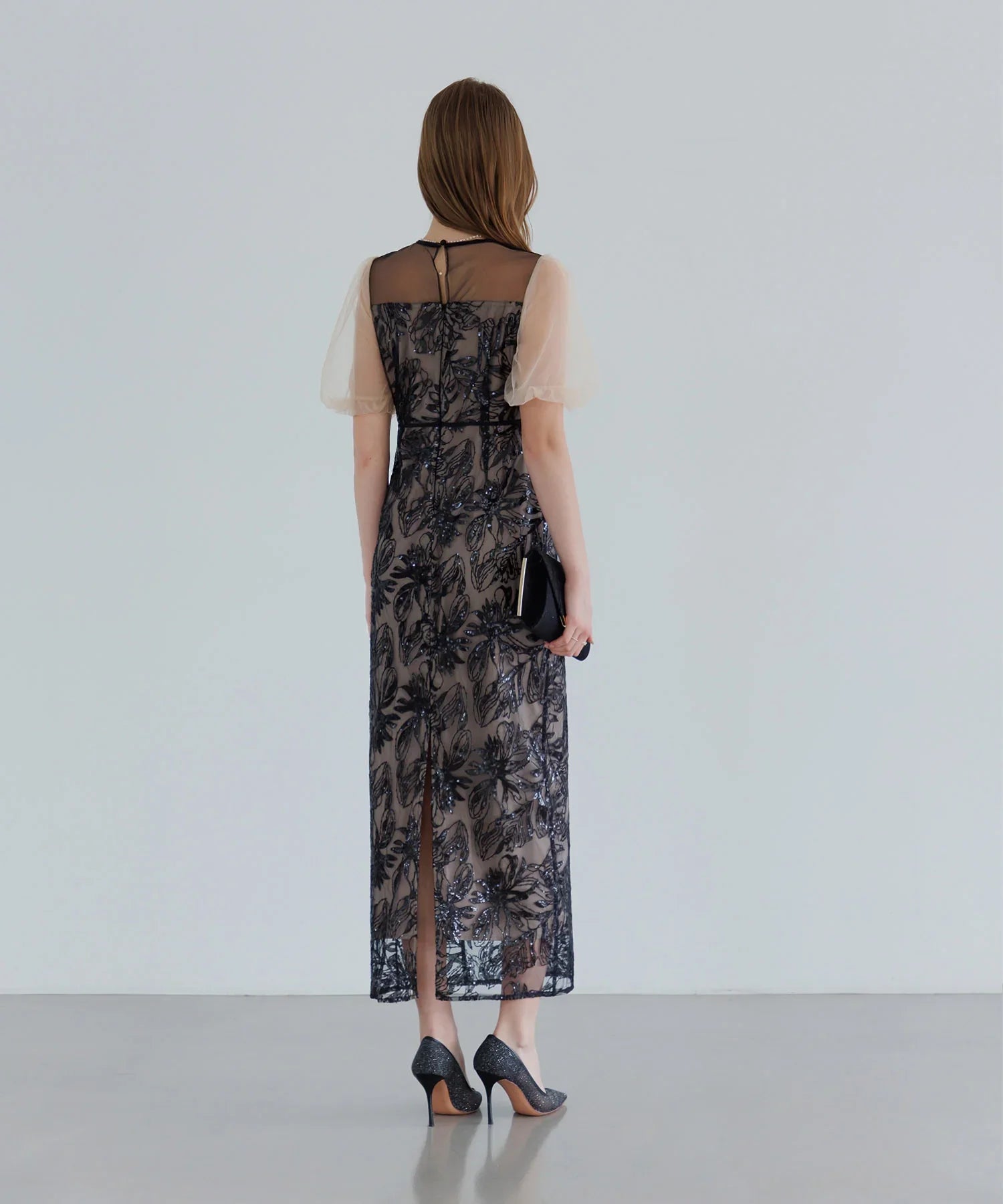 【当日発送】アシンメトリーシアーフラワーワンピースドレス