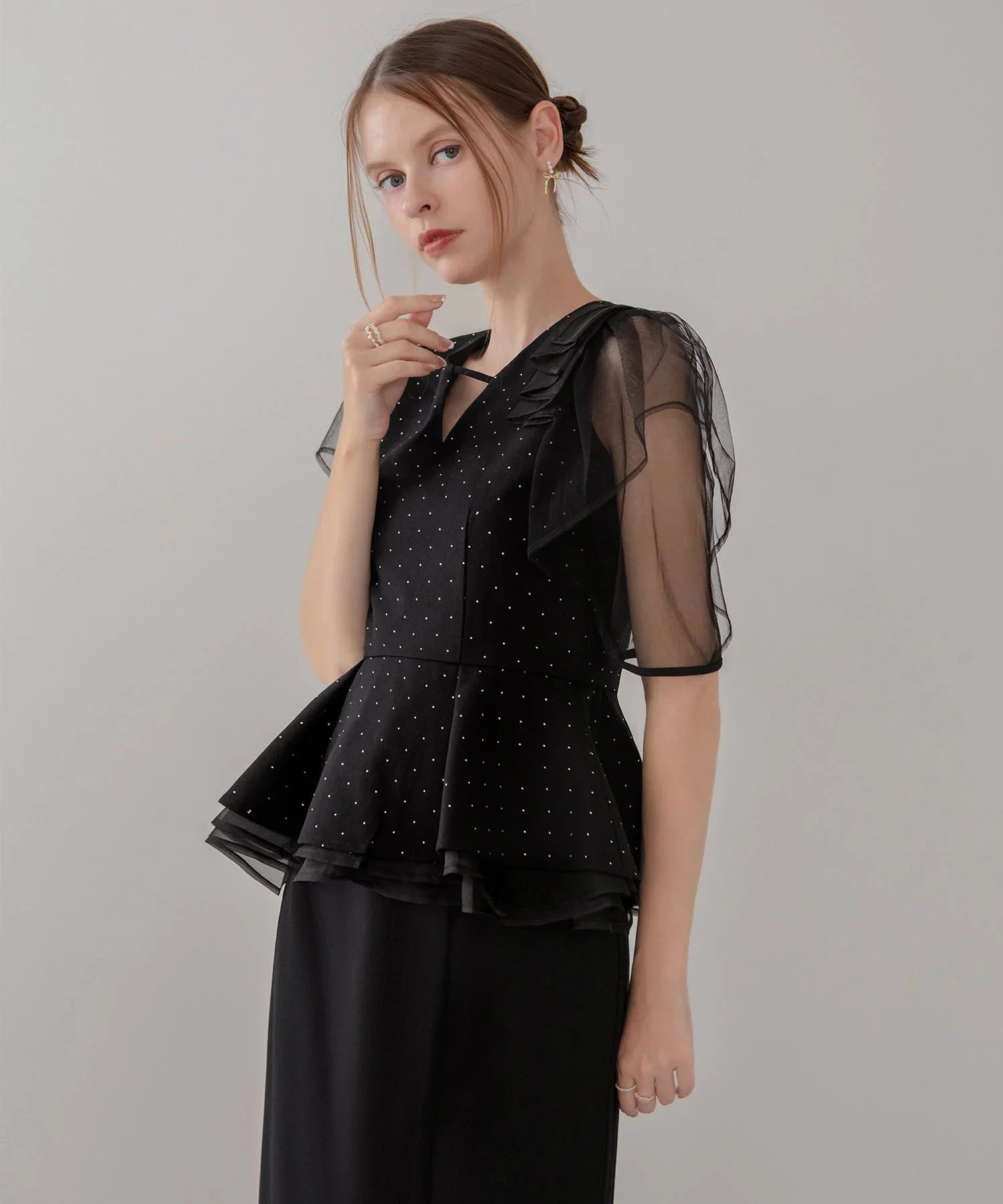 【当日発送】ドットストーンチュールペプラムセパレートIラインドレス