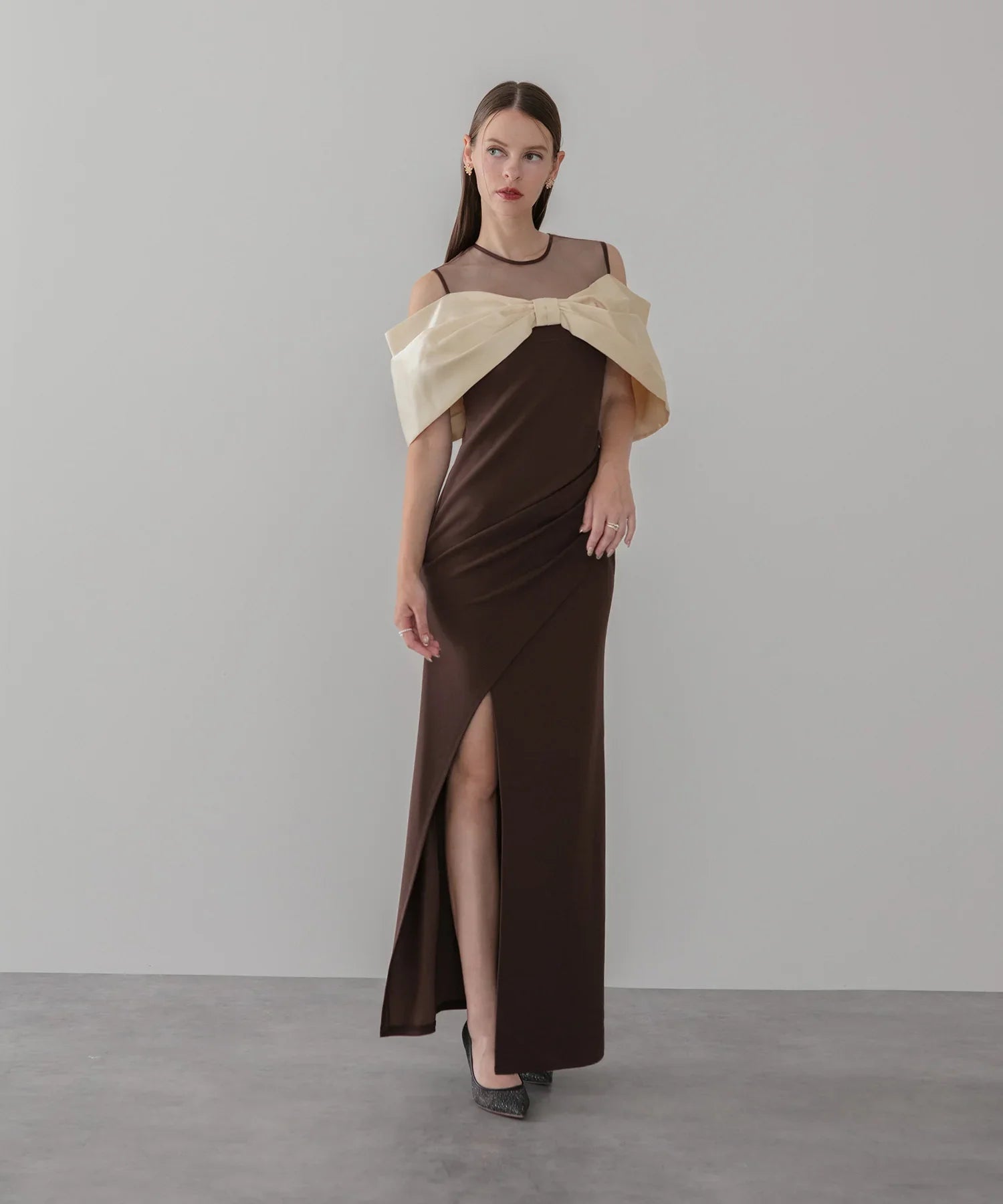 【LEJA LUXE】ビッグリボンシアーショルダードレープロングドレス