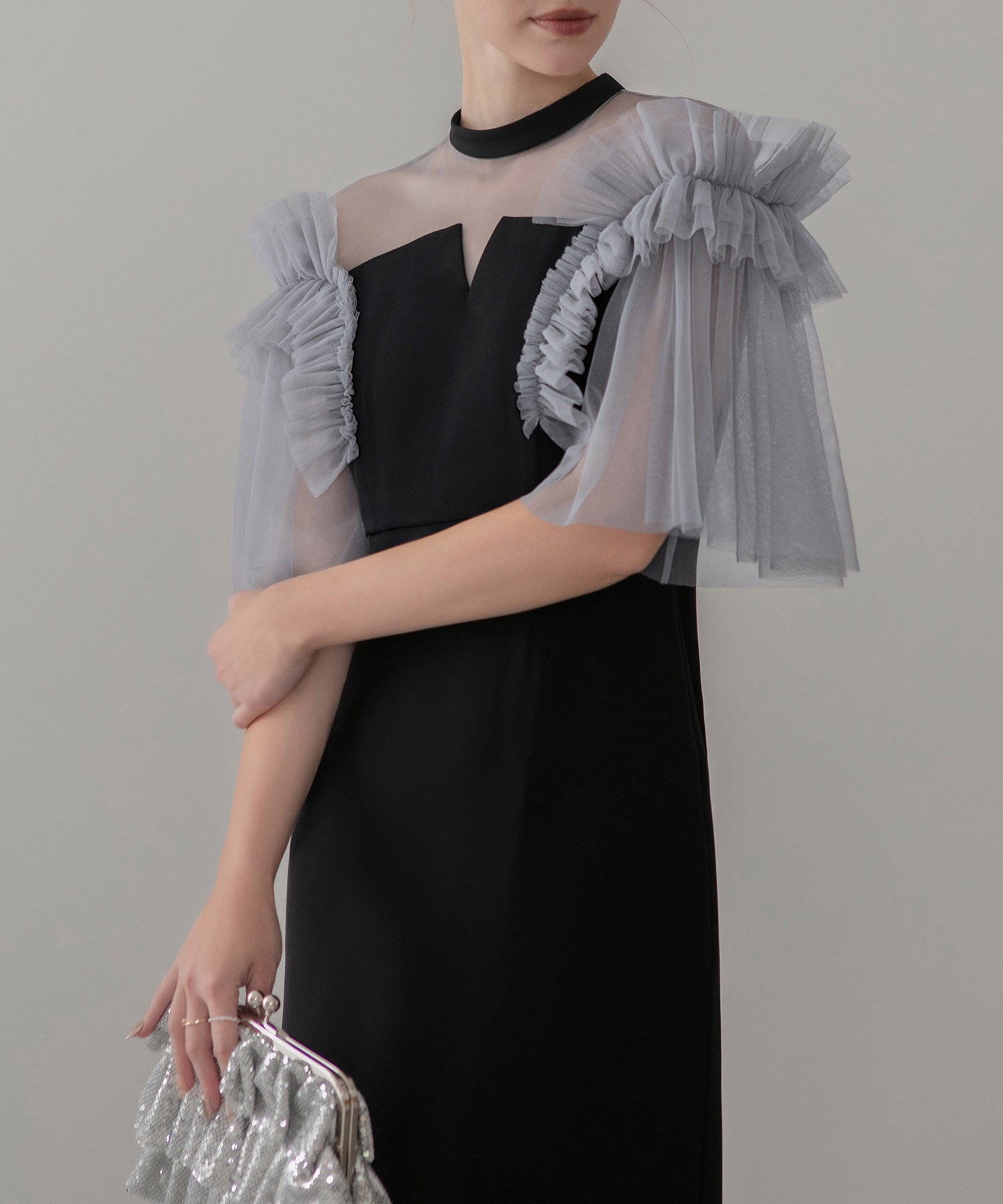 【当日発送】チュールフリルショルダーシアーIラインワンピースドレス